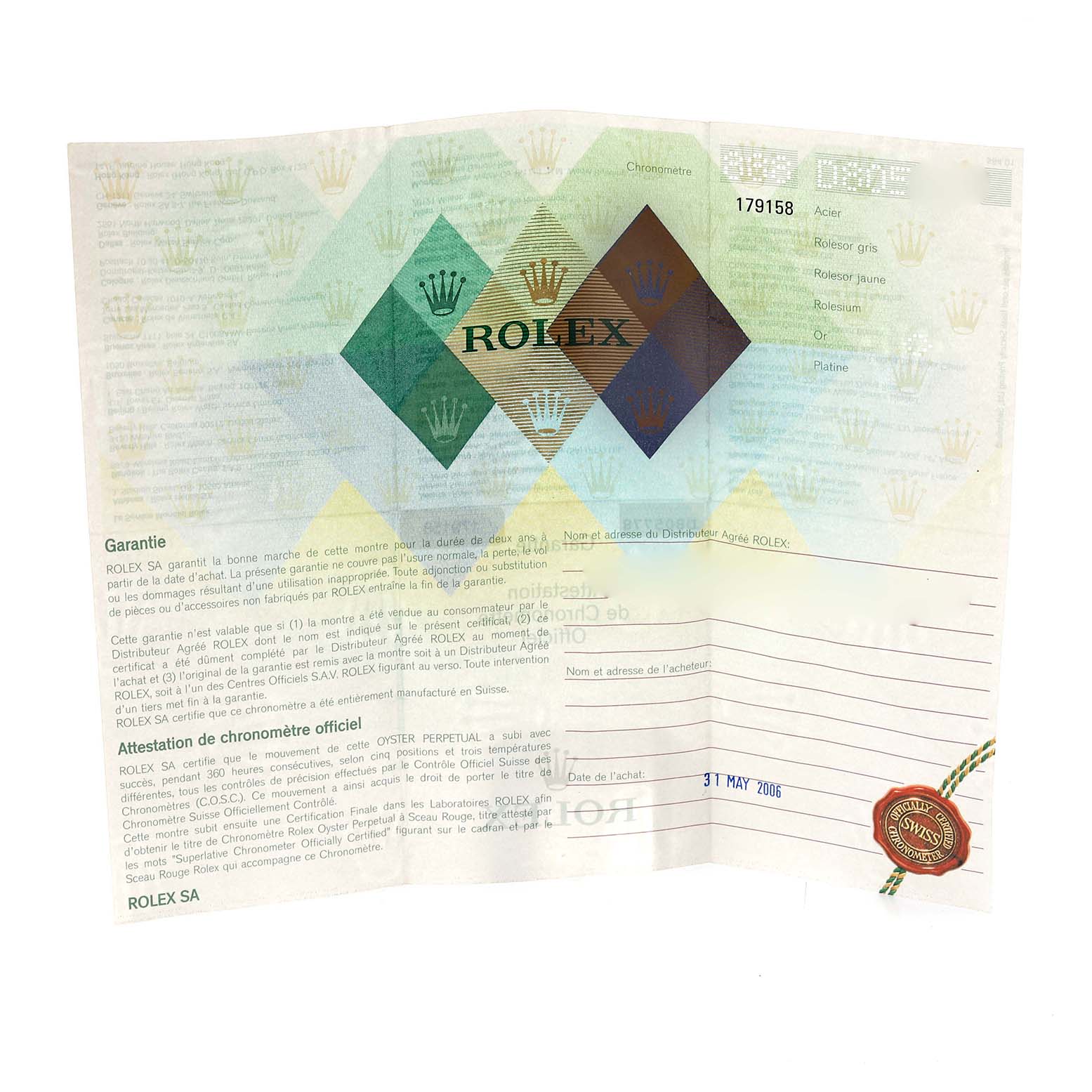 The image shows the warranty certificate for the Rolex President 179158 Women's Yellow Gold Champagne Dial 179158 Women's Yellow Gold Champagne Dial model watch.