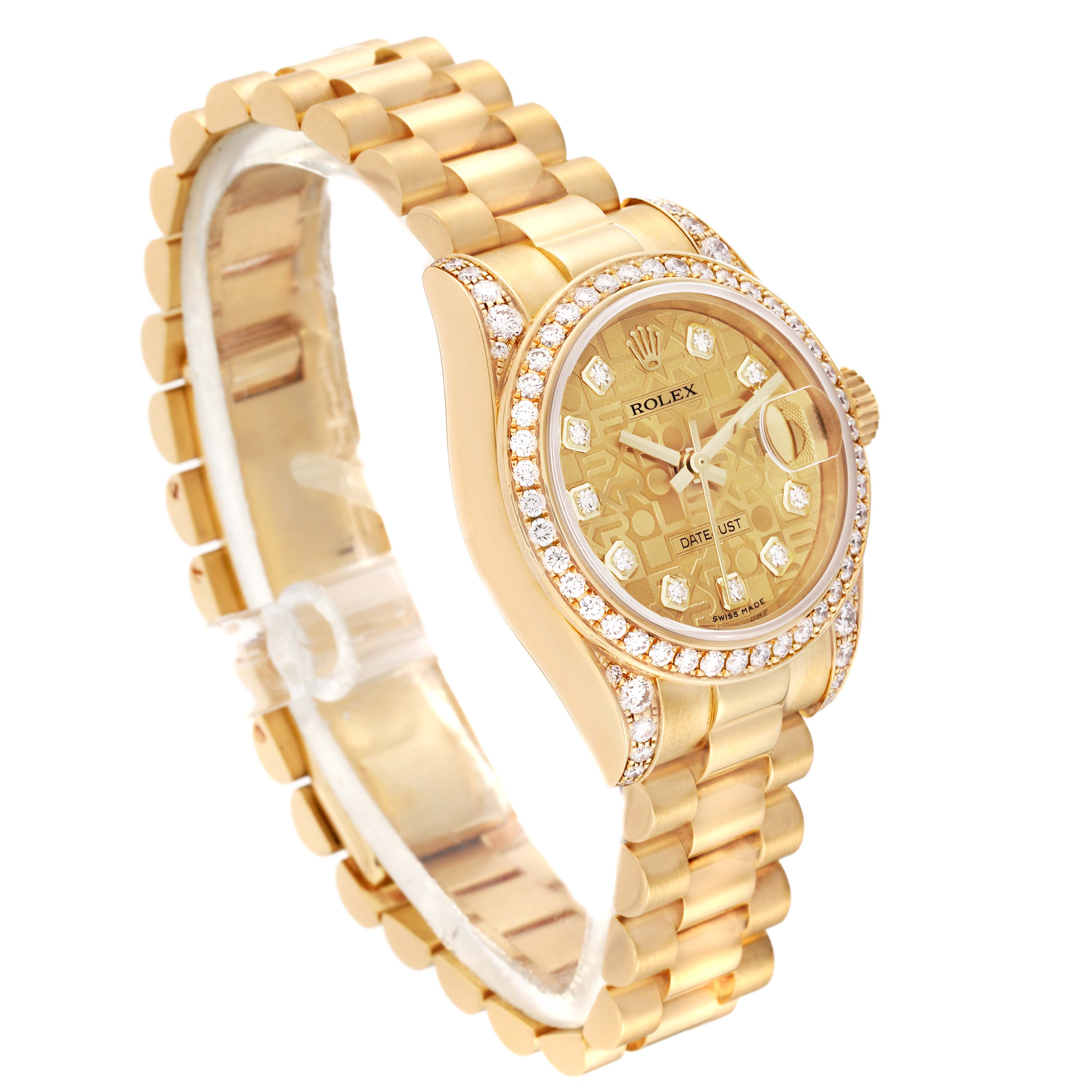 The Rolex President 179158 Women's Yellow Gold Champagne Dial 179158 Women's Yellow Gold Champagne Dial model watch is shown at an angle highlighting its bracelet, diamond-encrusted bezel, and dial with the date display.