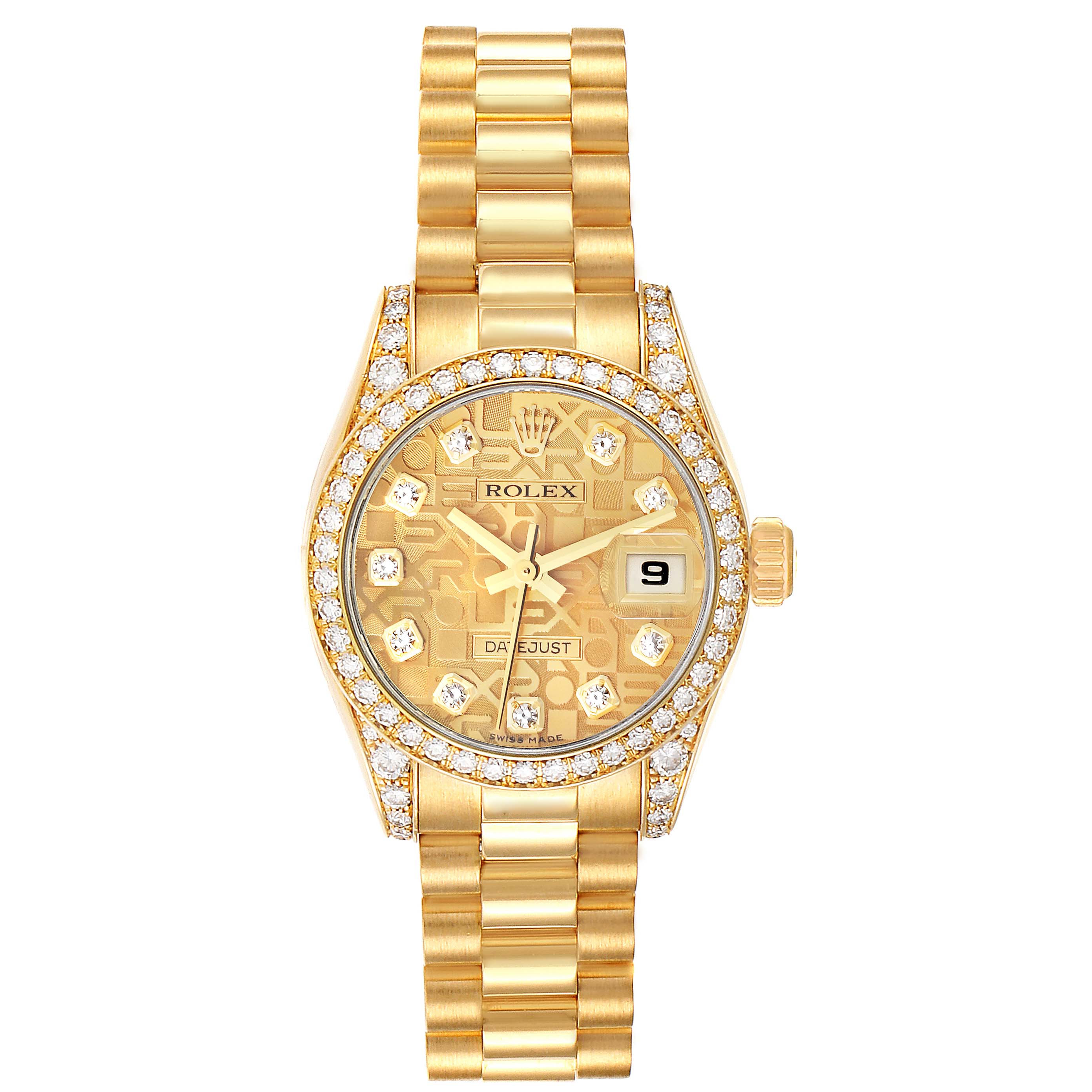 The image shows a frontal view of a Rolex President 179158 Women's Yellow Gold Champagne Dial 179158 Women's Yellow Gold Champagne Dial model watch, displaying the face, bezel, band, and date window.