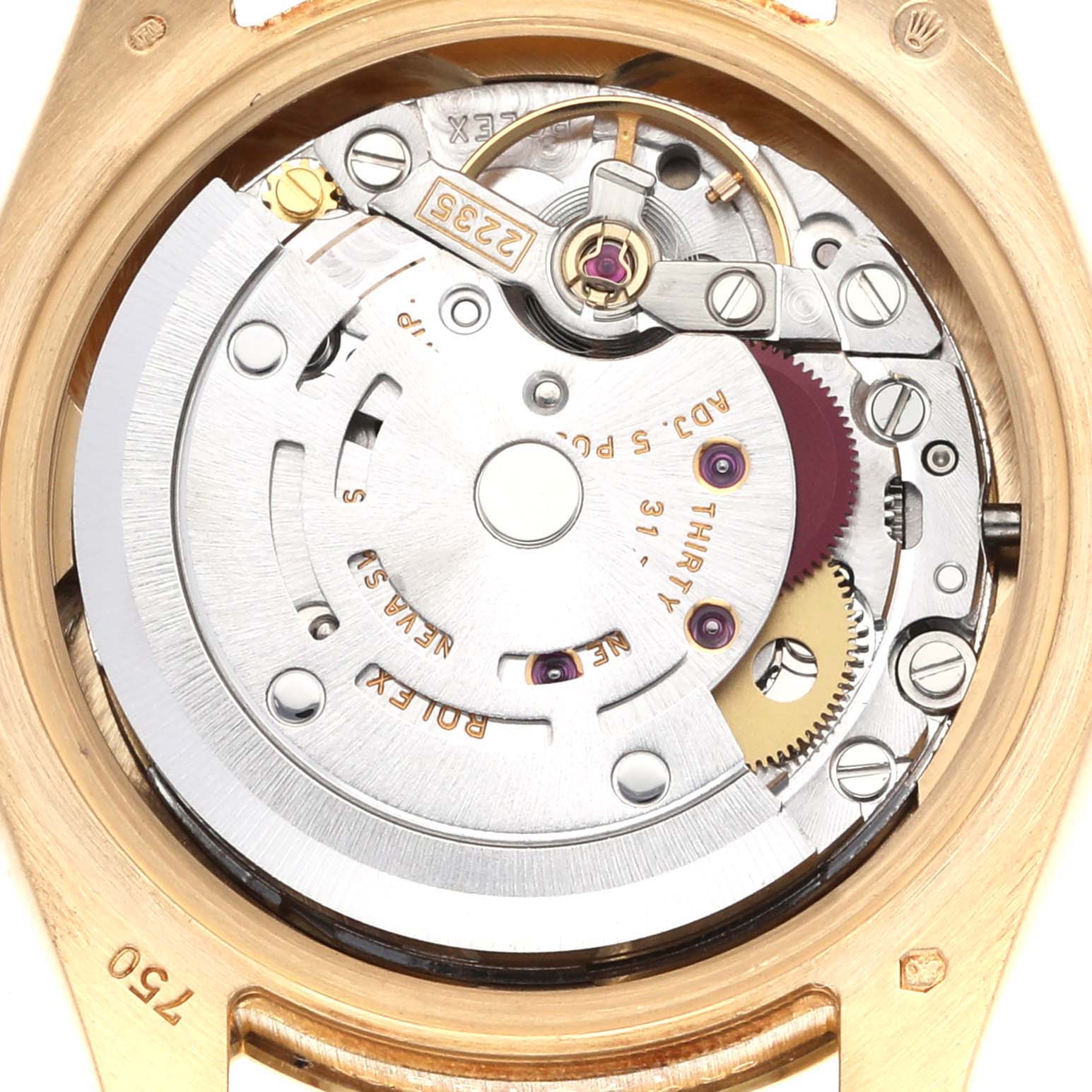 This image shows the intricate internal movement mechanism of the Rolex President 179158 Women's Yellow Gold Champagne Dial 179158 Women's Yellow Gold Champagne Dial model watch from a top-down angle.