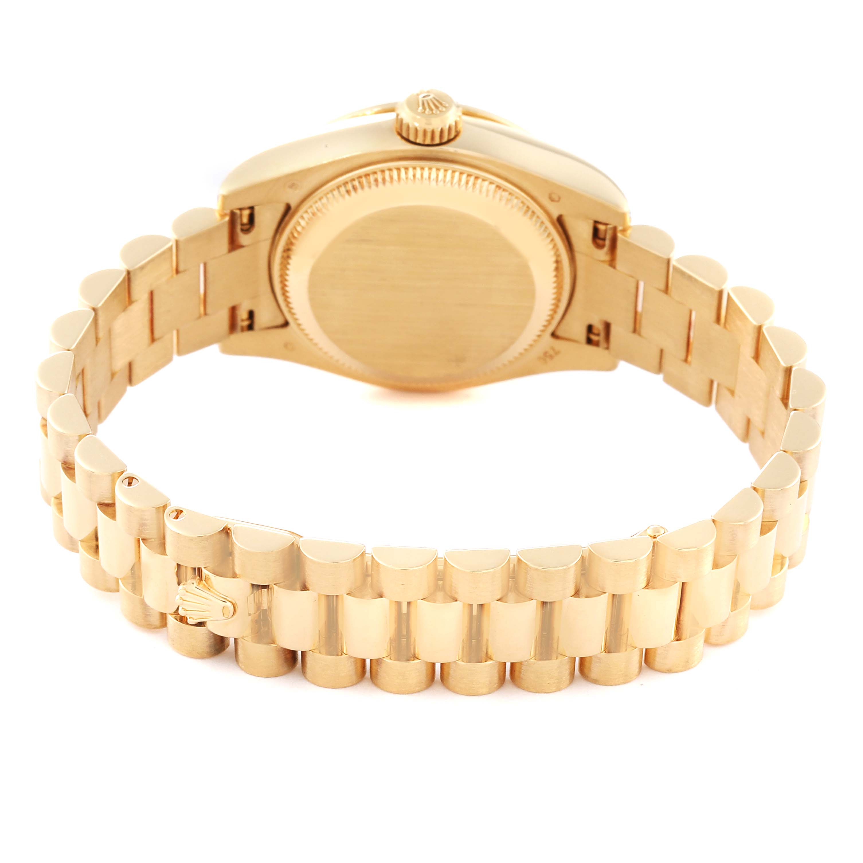 The image shows the back case and bracelet of a Rolex President 179158 Women's Yellow Gold Champagne Dial 179158 Women's Yellow Gold Champagne Dial model watch from a rear angle.