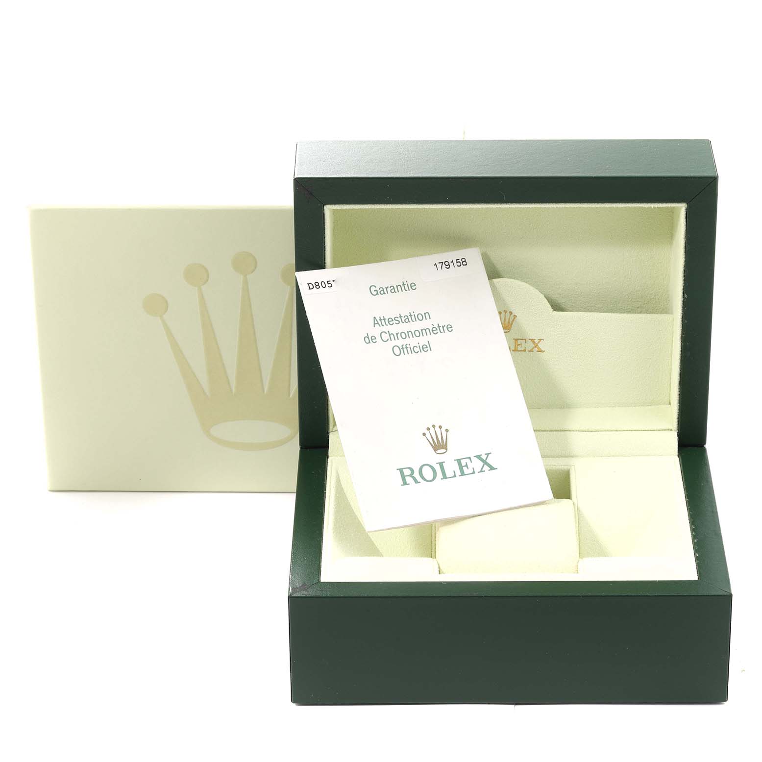 The image shows a green Rolex President 179158 Women's Yellow Gold Champagne Dial 179158 Women's Yellow Gold Champagne Dial model watch box partially opened with a warranty card.