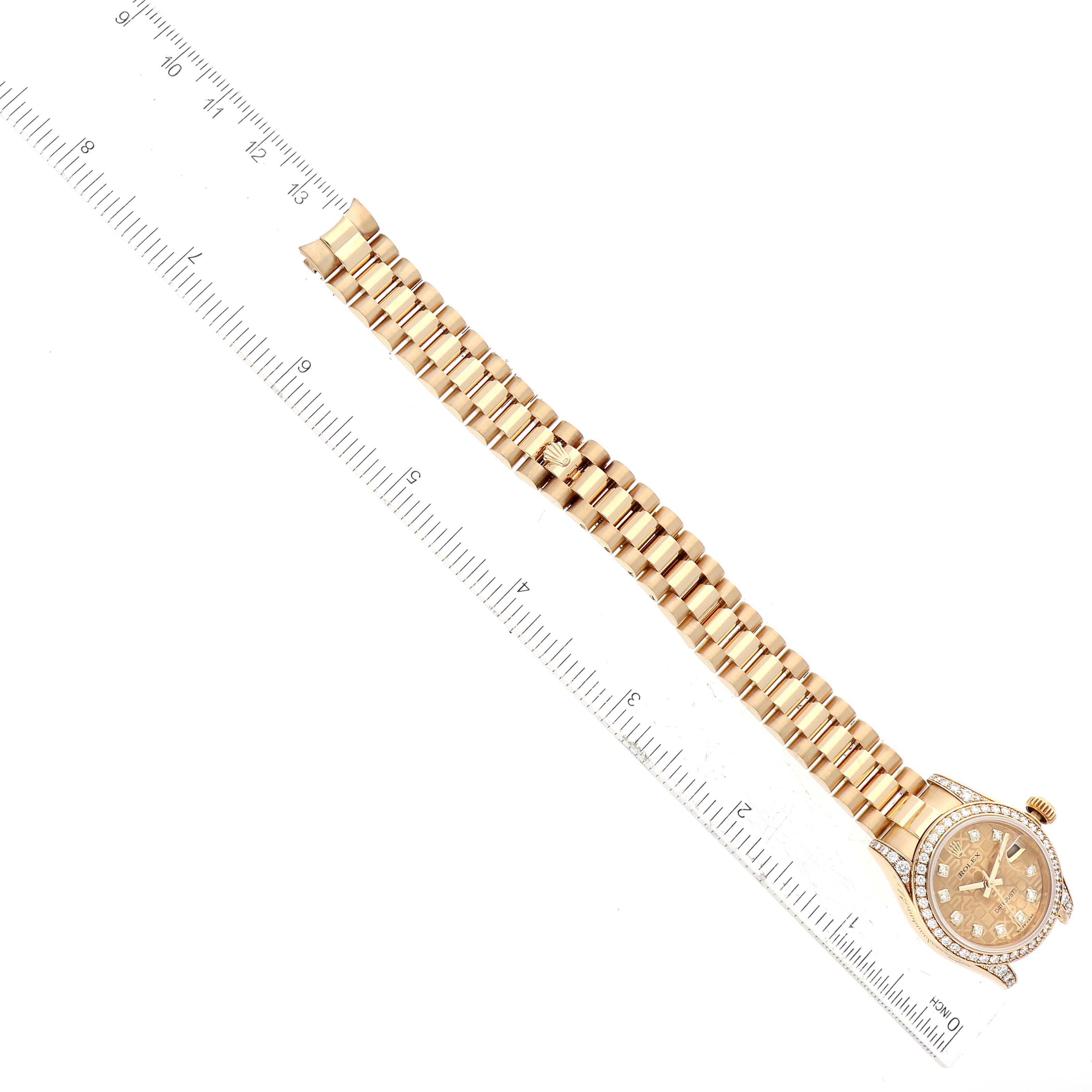 The image shows a Rolex President 179158 Women's Yellow Gold Champagne Dial 179158 Women's Yellow Gold Champagne Dial model watch laid flat, displaying the full bracelet and the face with a ruler next to it for scale.