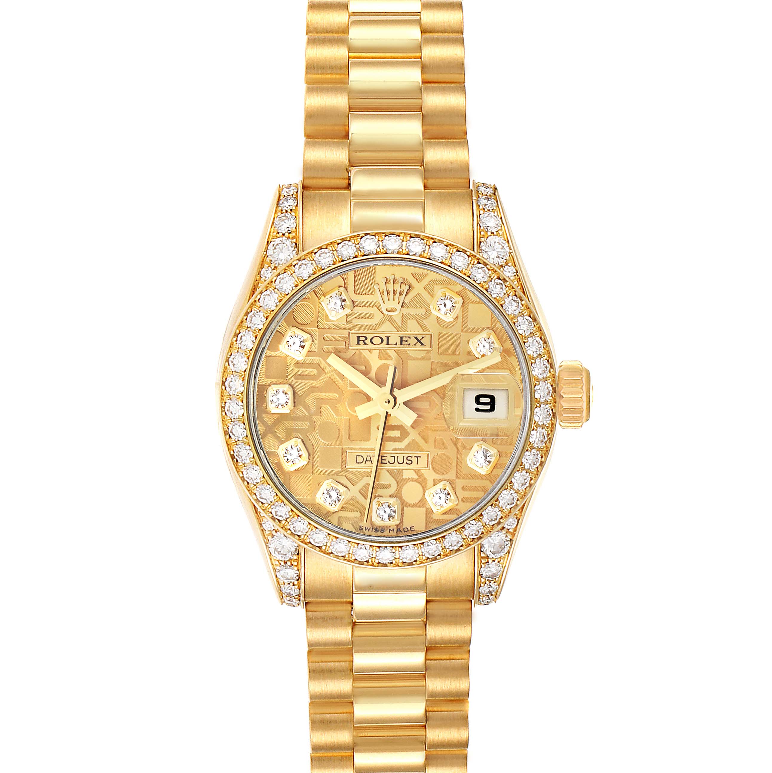 This image shows a front view of a Rolex President 179158 Women's Yellow Gold Champagne Dial 179158 Women's Yellow Gold Champagne Dial model watch, featuring a gold bracelet, diamond bezel, and a date window.