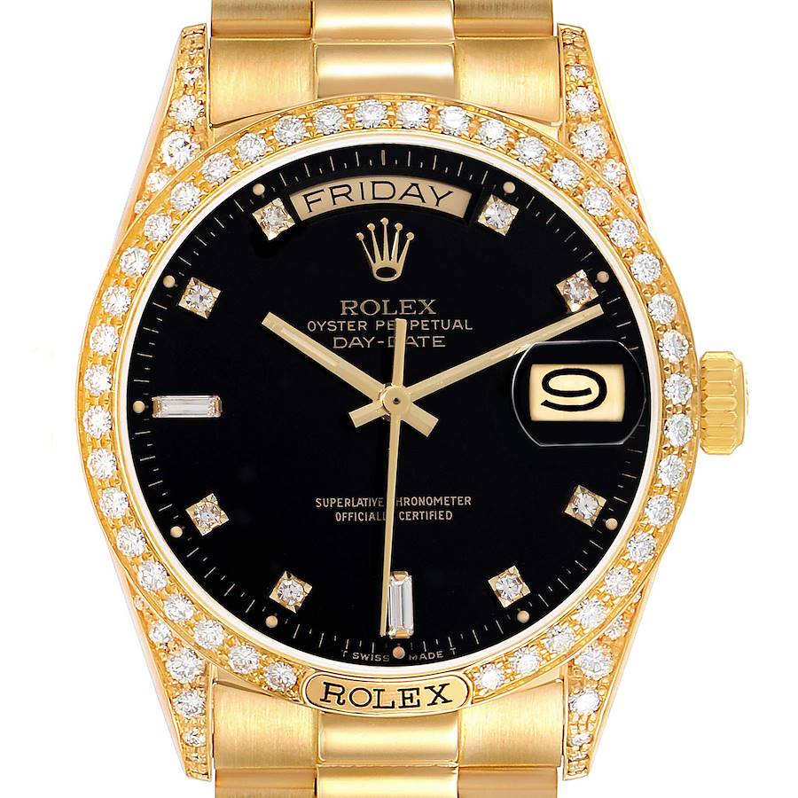 Rolex President Day-Date 18k Yellow Gold Black Diamond Dial Mens Watch 18138 SwissWatchExpo