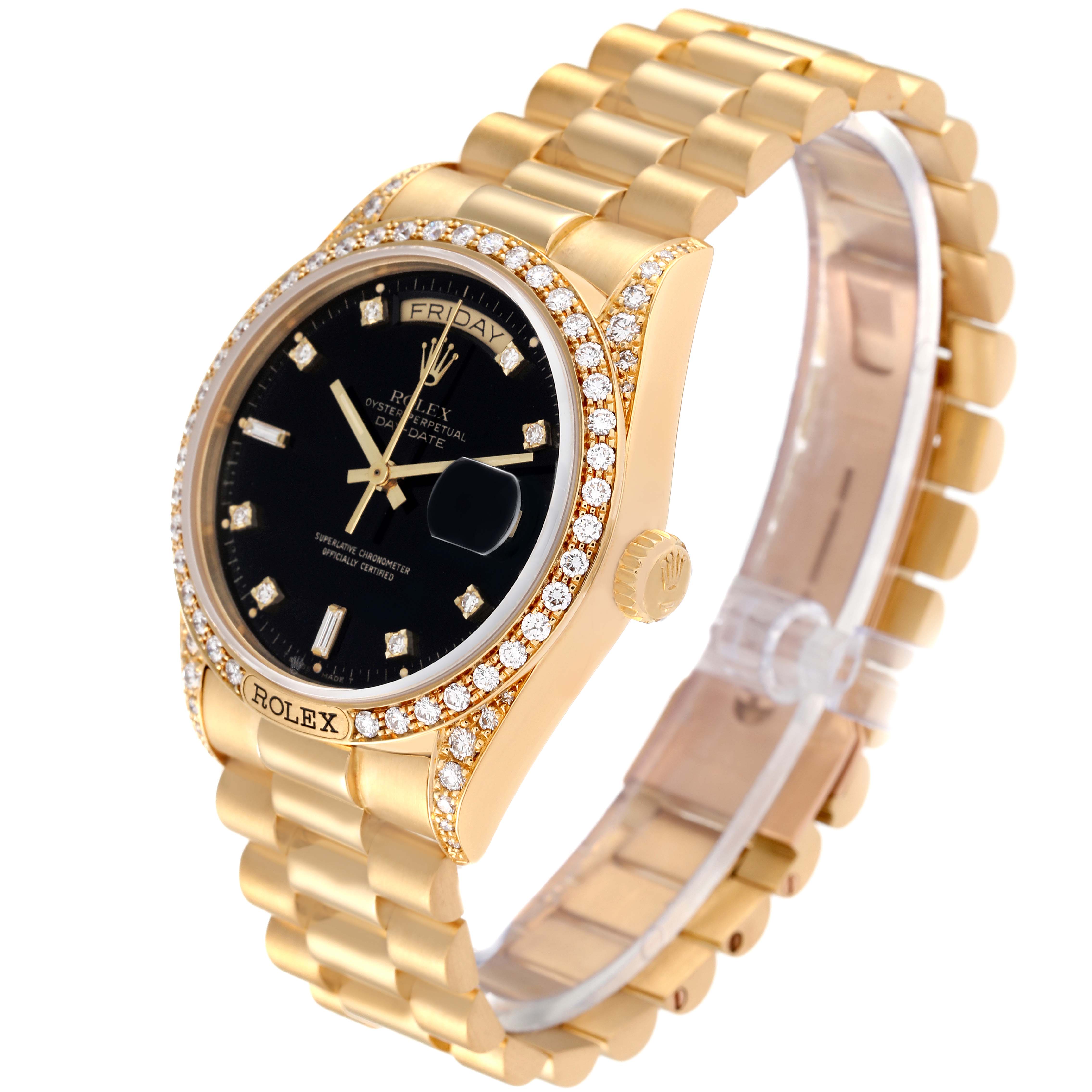 The Rolex President 18138 Men's Yellow Gold Black Dial 18138 Men's Yellow Gold Black Dial model watch is shown at a three-quarter angle, displaying its gold bracelet, diamond-studded bezel, and black dial.