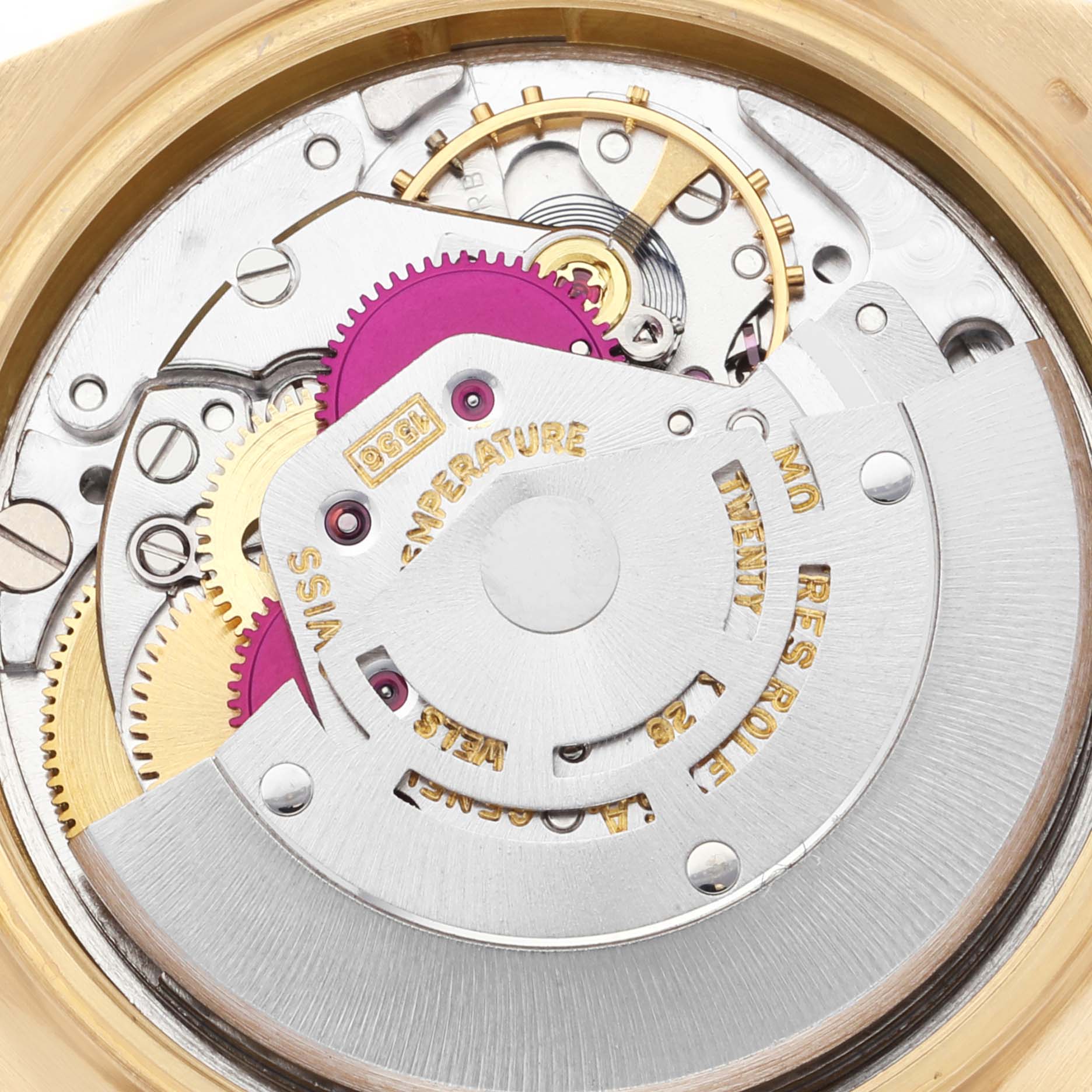 The image shows a close-up of the movement mechanism of a Rolex Vintage Collection 1803 Men's Yellow Gold Champagne Dial 1803 Men's Yellow Gold Champagne Dial watch.