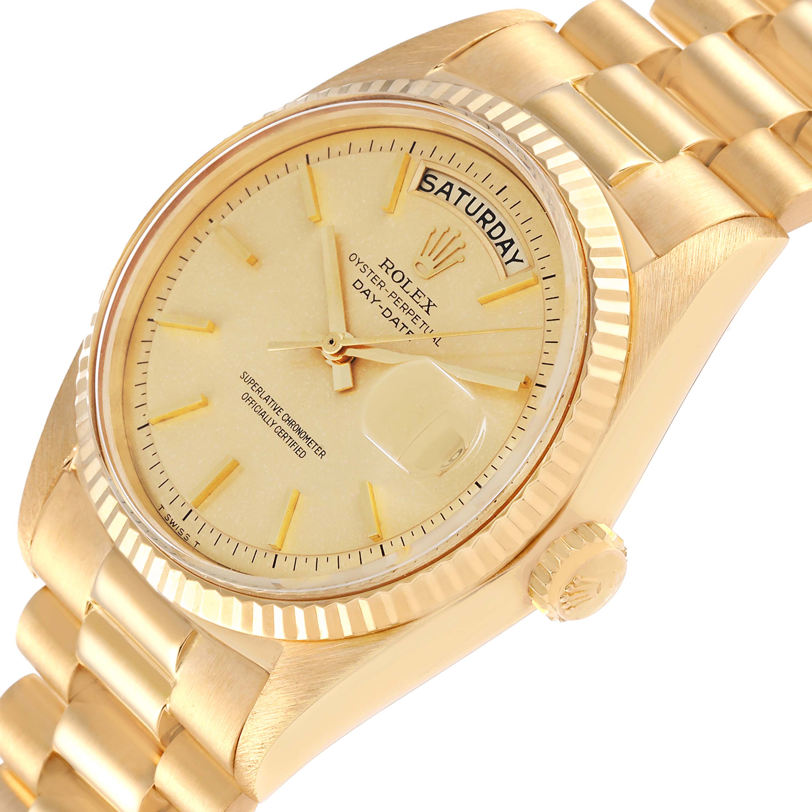 The image shows a Vintage Collection Rolex Oyster Perpetual Day-Date watch from an angled side view, highlighting the dial, bezel, and bracelet.