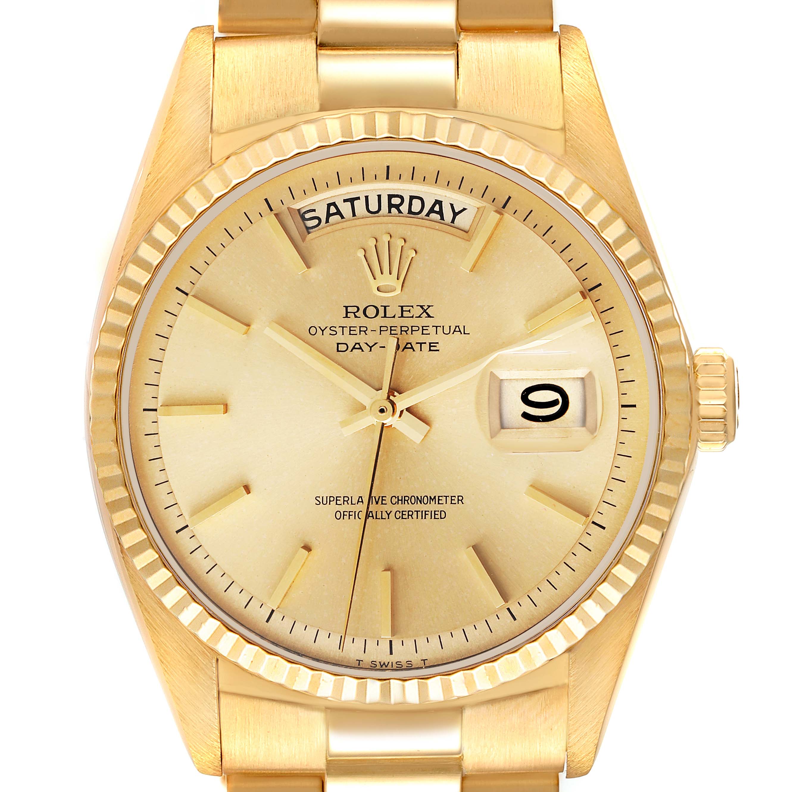 The image shows a front view of the Rolex Vintage Collection 1803 Men's Yellow Gold Champagne Dial 1803 Men's Yellow Gold Champagne Dial Oyster Perpetual Day-Date watch, highlighting the dial, hands, and date display.