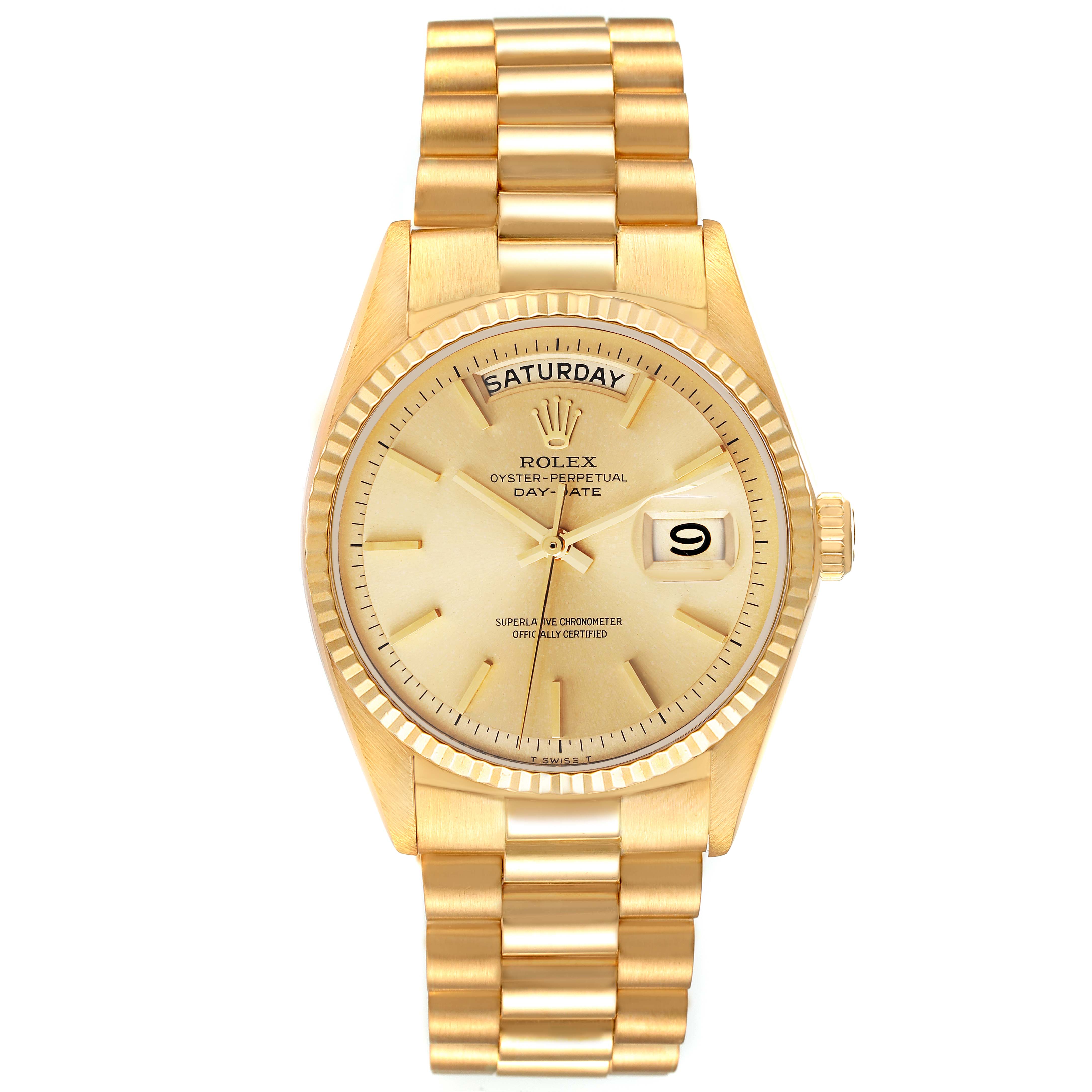The image shows a front view of the Rolex Vintage Collection 1803 Men's Yellow Gold Champagne Dial 1803 Men's Yellow Gold Champagne Dial Oyster Perpetual Day-Date watch with a gold bracelet.