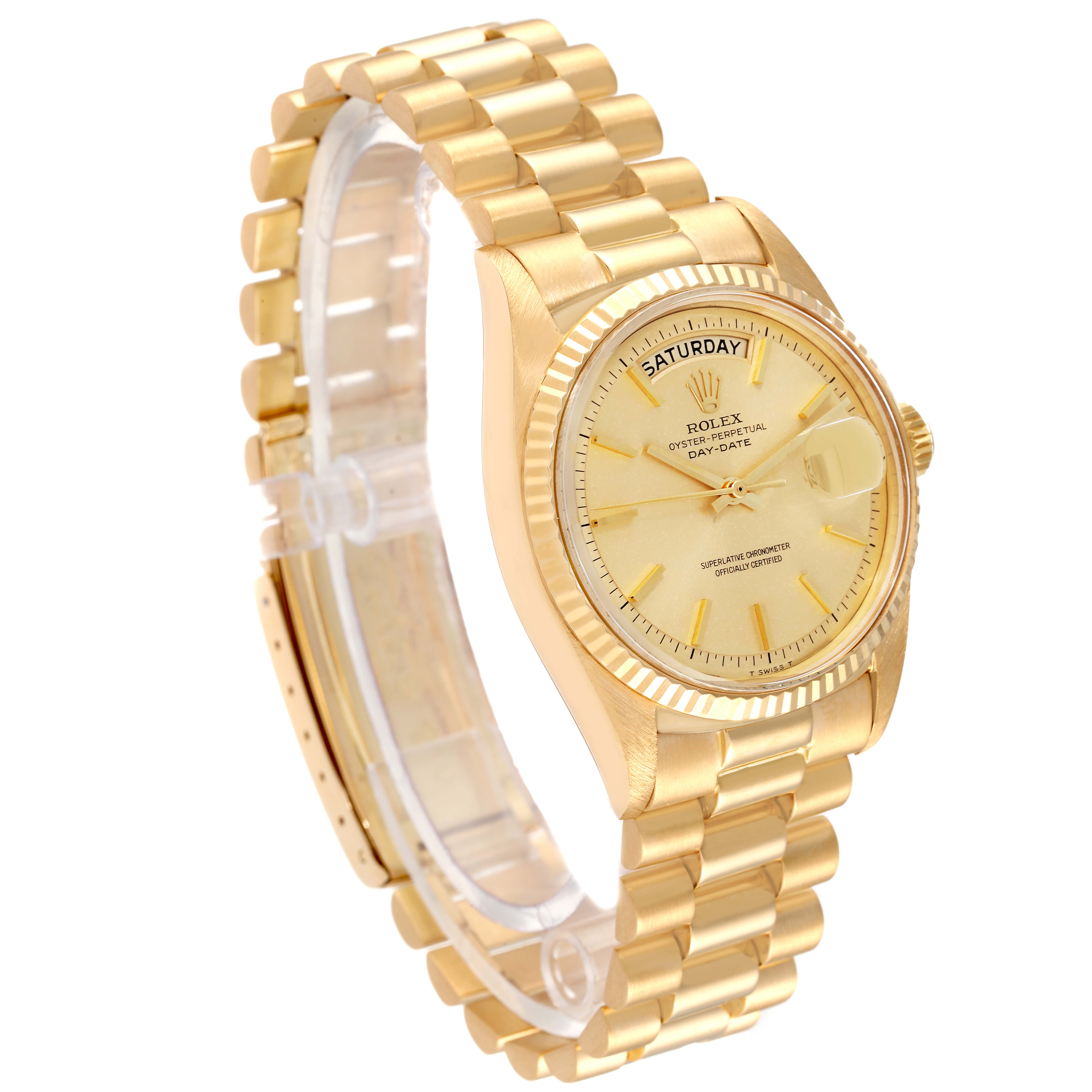 This image shows a side-angle view of a Rolex Vintage Collection 1803 Men's Yellow Gold Champagne Dial 1803 Men's Yellow Gold Champagne Dial watch, displaying the face, band, and crown.
