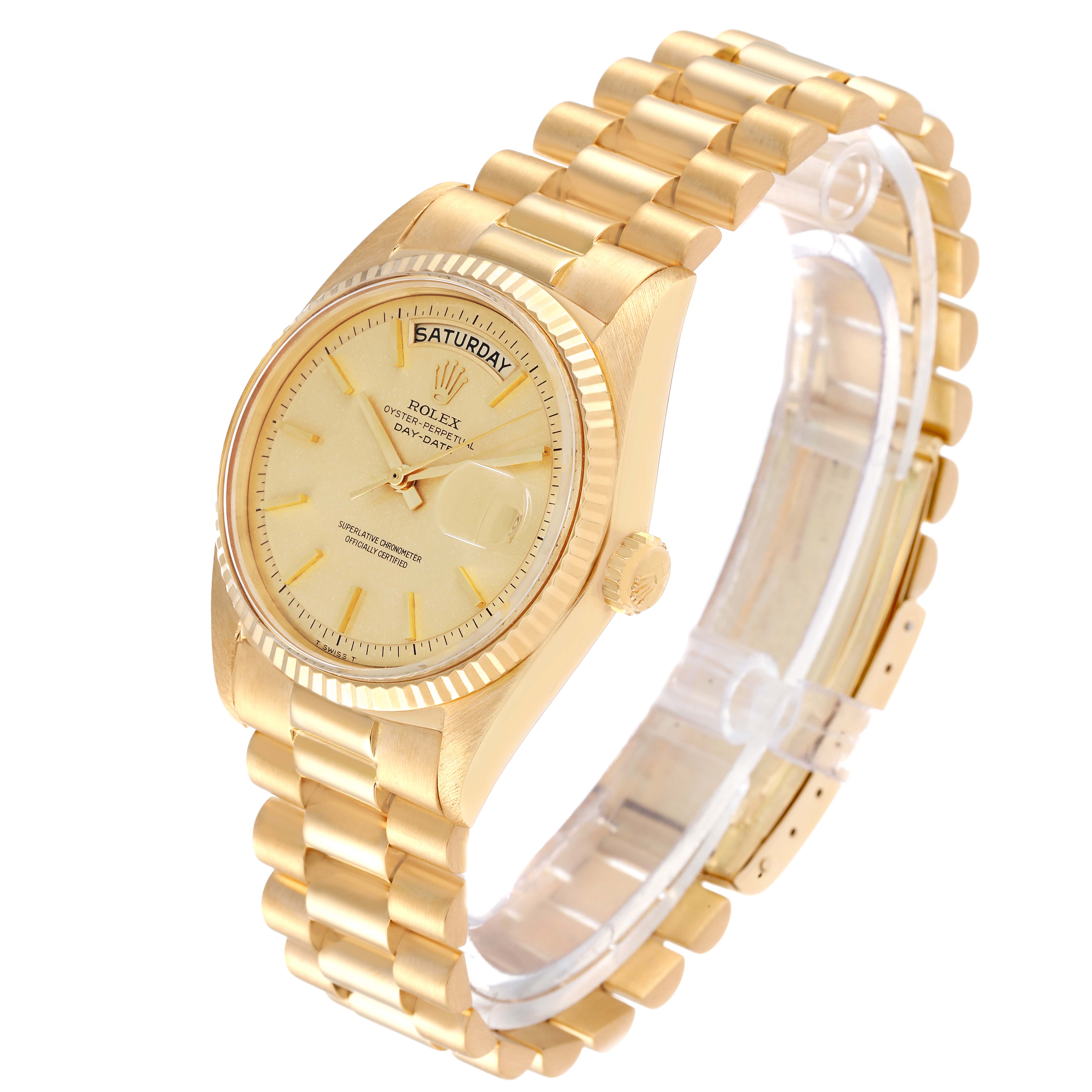 The image shows a side angle view of a Rolex Vintage Collection 1803 Men's Yellow Gold Champagne Dial 1803 Men's Yellow Gold Champagne Dial model watch, featuring its gold bracelet and dial.