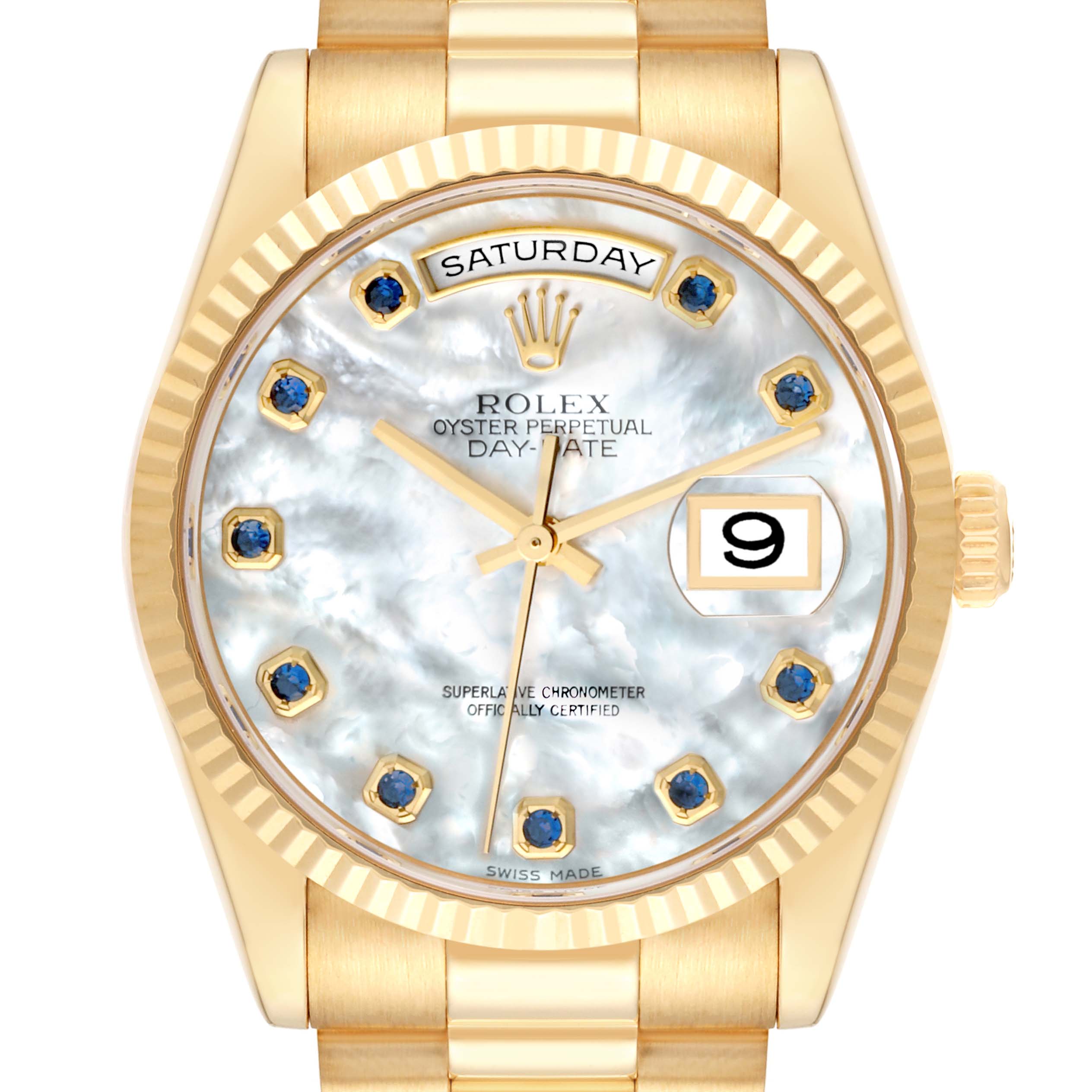 This is a close-up, frontal view of a Rolex President 118238 Men
s Yellow Gold Mother of Pearl Dial 118238 Men
s Yellow Gold Mother of Pearl Dial Oyster Perpetual Day-Date watch, showing the dial, day, and date functions.