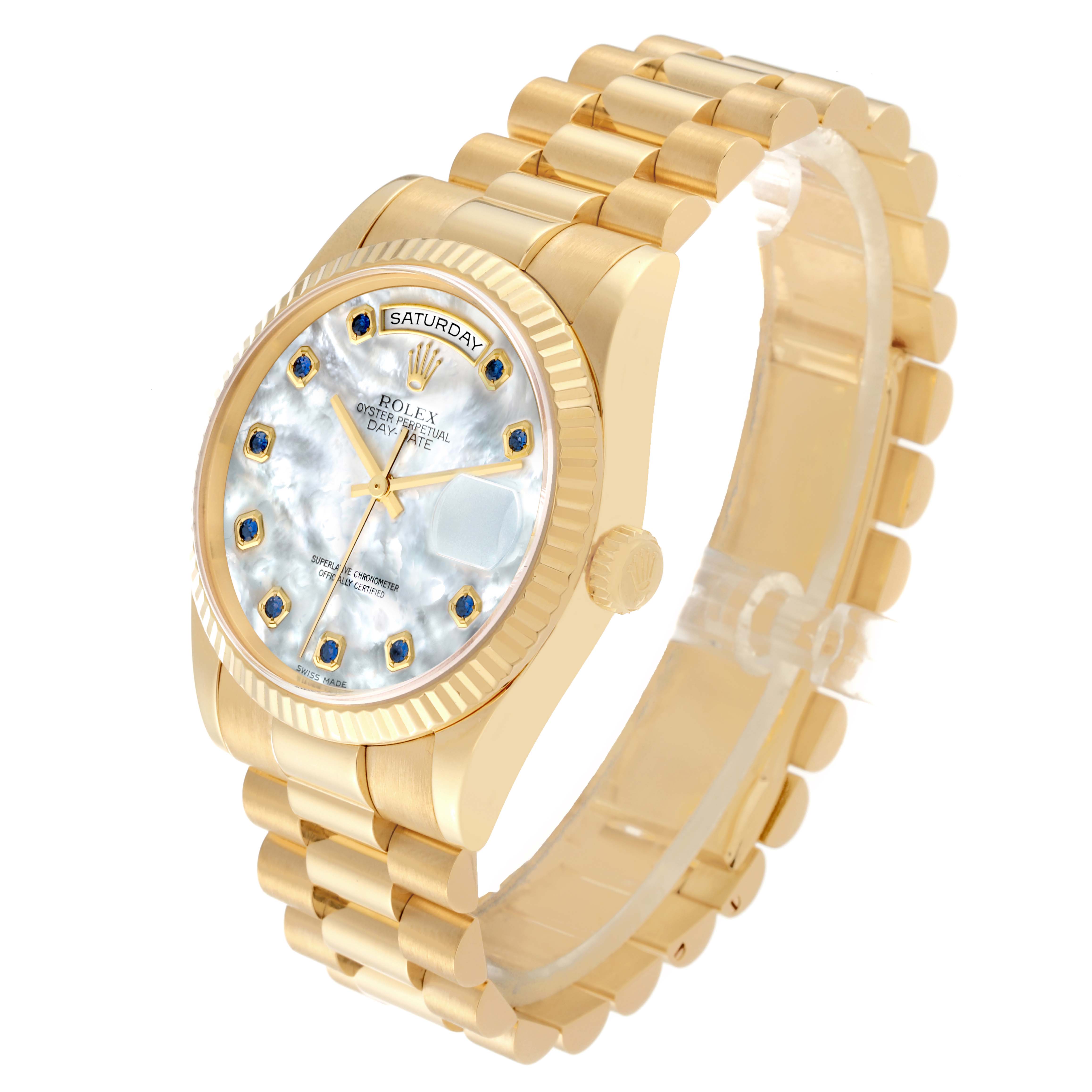 This image shows a side view of the Rolex President 118238 Men
s Yellow Gold Mother of Pearl Dial 118238 Men
s Yellow Gold Mother of Pearl Dial model watch, highlighting the face, bezel, crown, and bracelet.