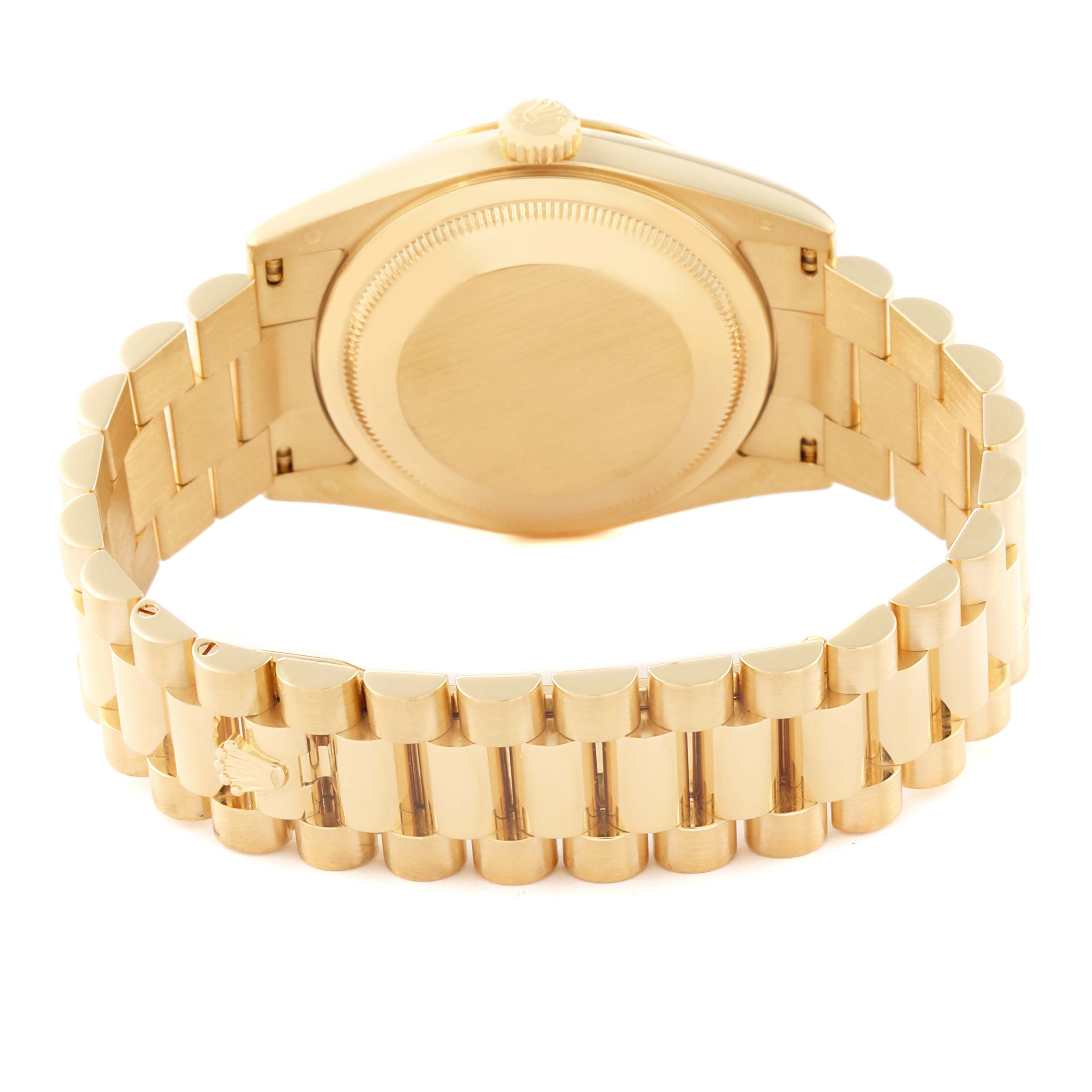 This image shows the back case and bracelet of a Rolex President 118238 Men
s Yellow Gold Mother of Pearl Dial 118238 Men
s Yellow Gold Mother of Pearl Dial model watch from a rear angle.