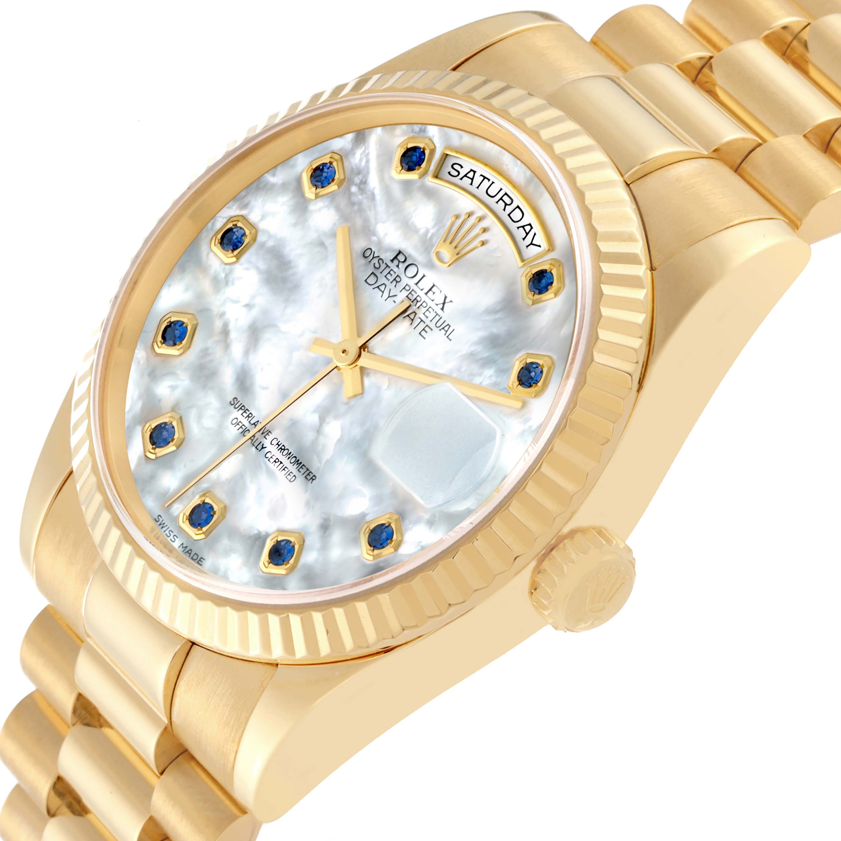 The image shows an angled view of the Rolex President 118238 Men
s Yellow Gold Mother of Pearl Dial 118238 Men
s Yellow Gold Mother of Pearl Dial watch, displaying the dial, bezel, crown, and band.