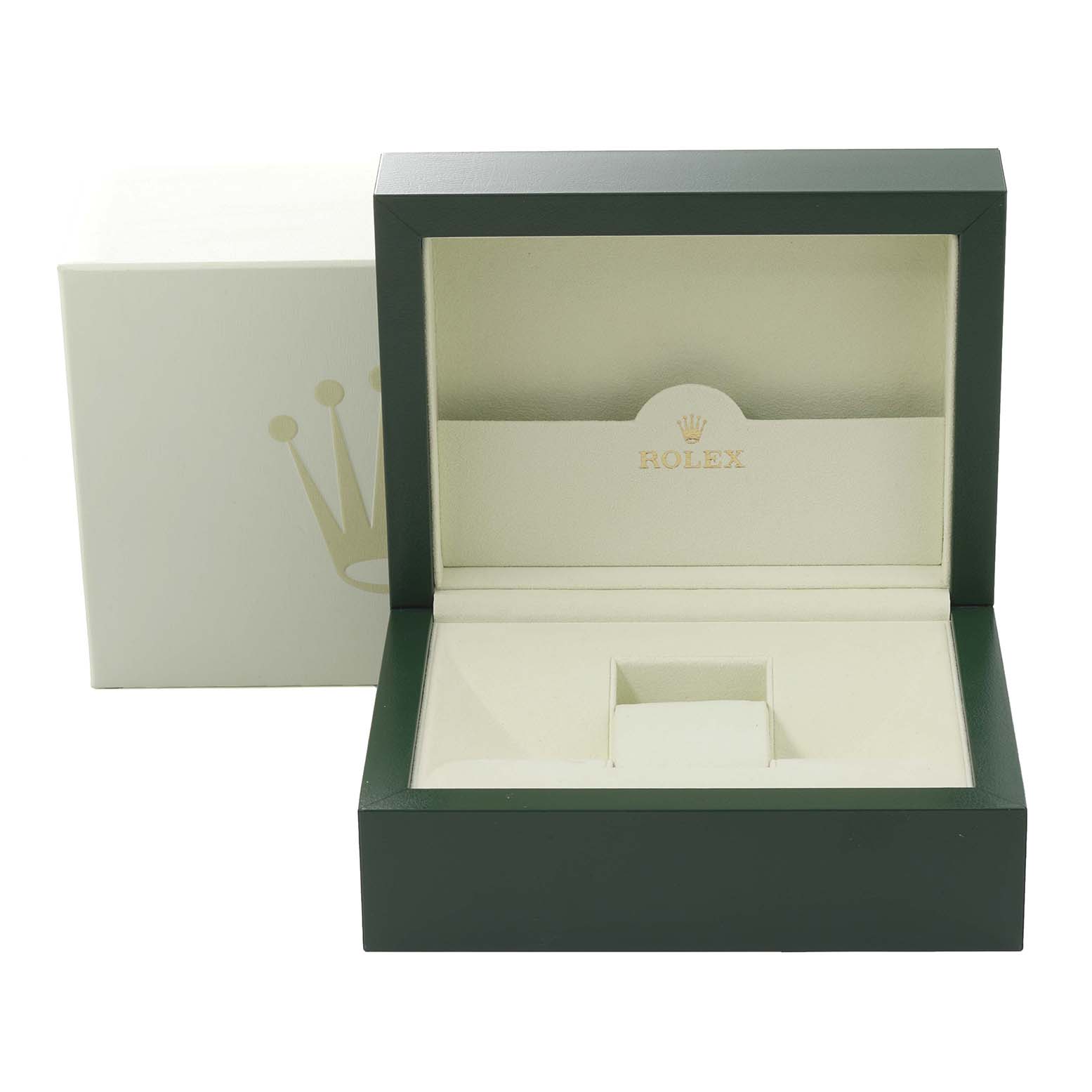 This image shows an open luxury green and cream box designed for the Rolex President 118238 Men
s Yellow Gold Mother of Pearl Dial 118238 Men
s Yellow Gold Mother of Pearl Dial model watch.