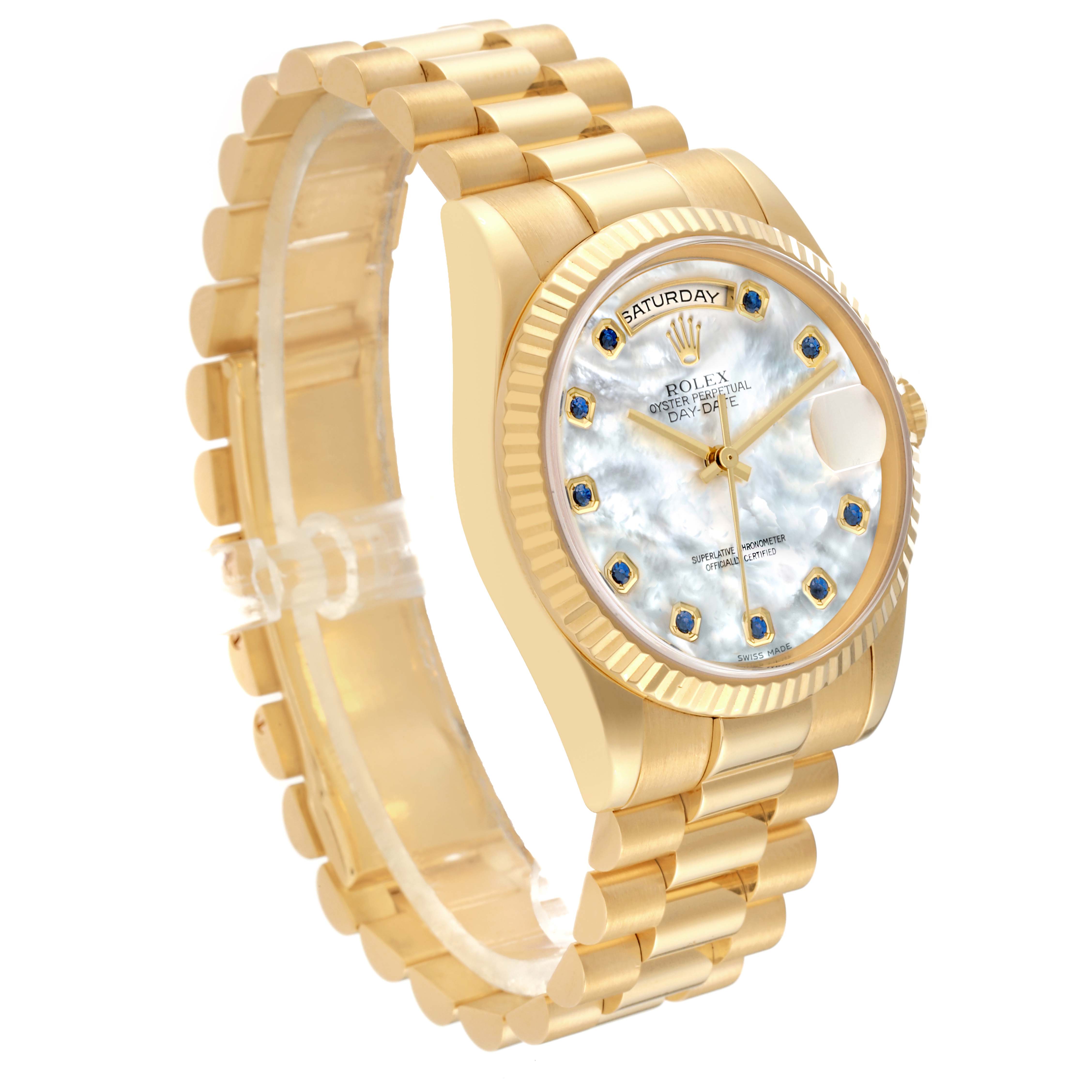 The image shows a Rolex President 118238 Men
s Yellow Gold Mother of Pearl Dial 118238 Men
s Yellow Gold Mother of Pearl Dial model watch at a three-quarter angle, showcasing its band, case, and dial.