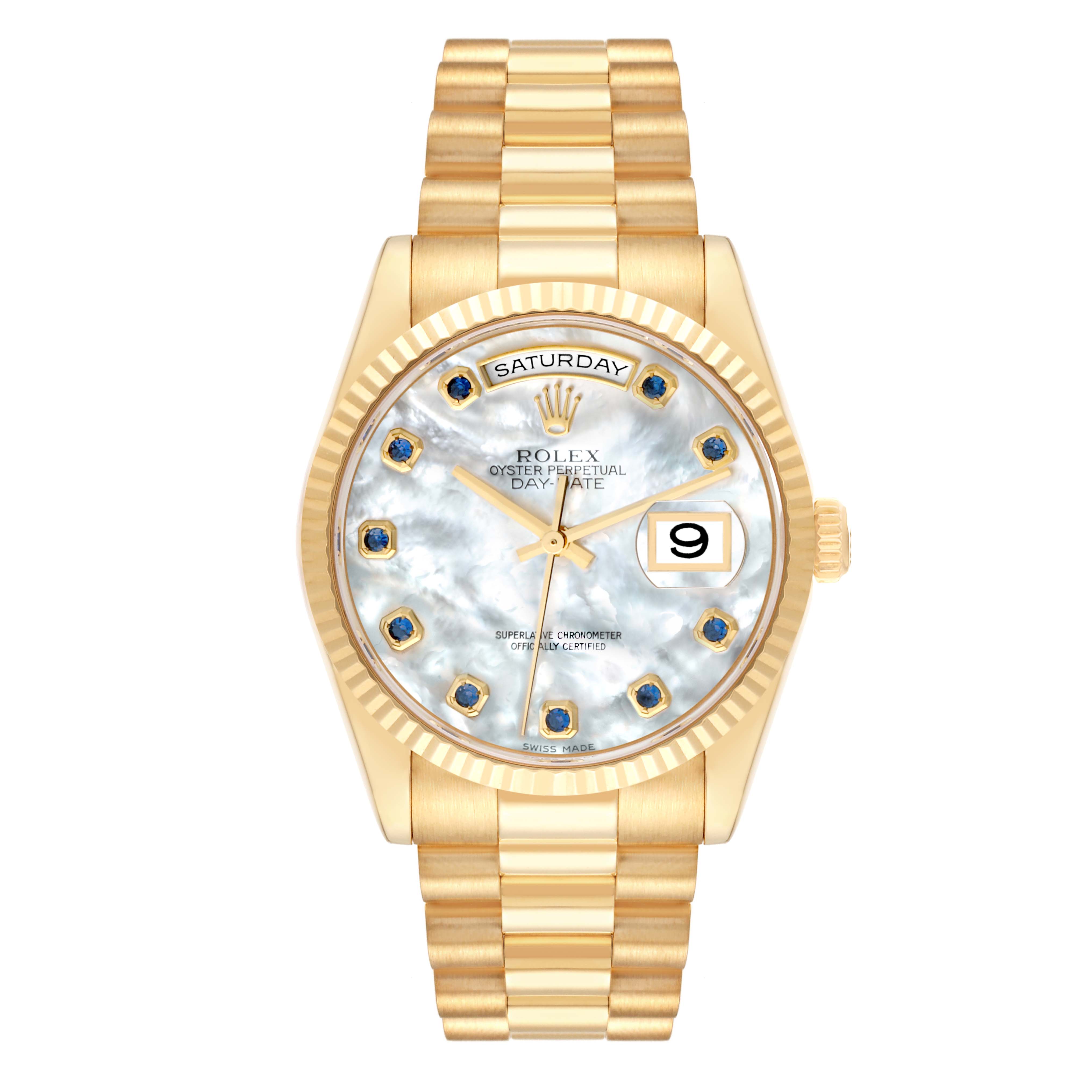 The image shows a frontal view of a Rolex President 118238 Men
s Yellow Gold Mother of Pearl Dial 118238 Men
s Yellow Gold Mother of Pearl Dial Day-Date watch, featuring a gold case, bracelet, and a mother-of-pearl dial.
