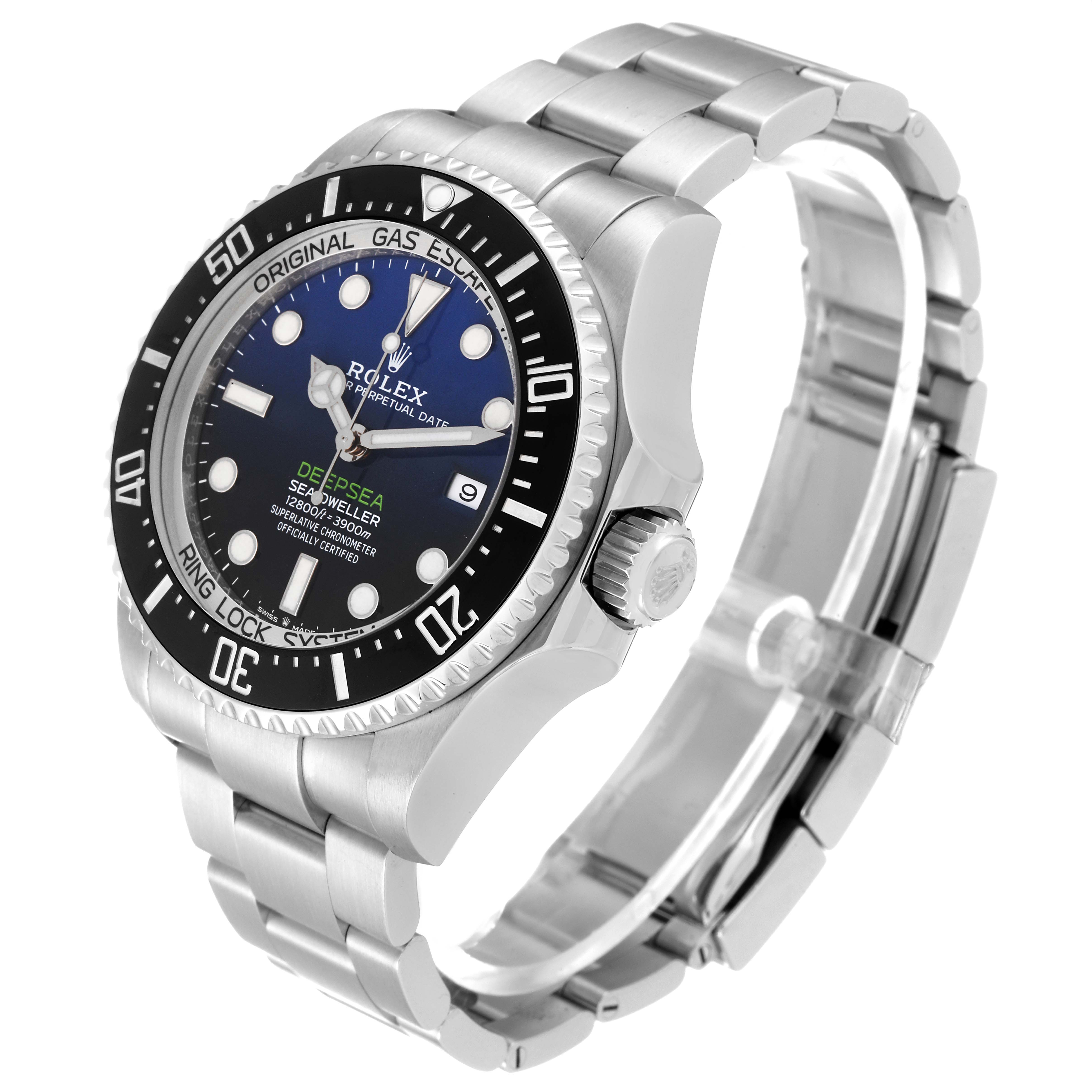 The Rolex Sea-Dweller model 126660 is shown at an angle highlighting its face, crown, bezel, and bracelet in a three-quarter view.
