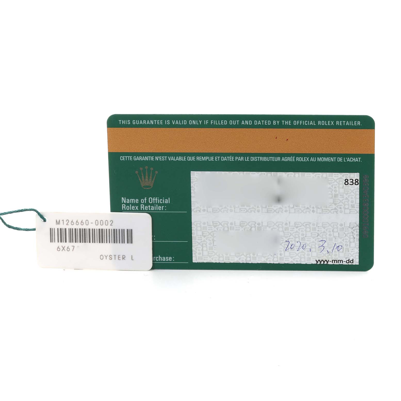 The image shows the warranty card and tag for a Rolex Sea-Dweller, model number 126660, including details like purchase date and retailer information.