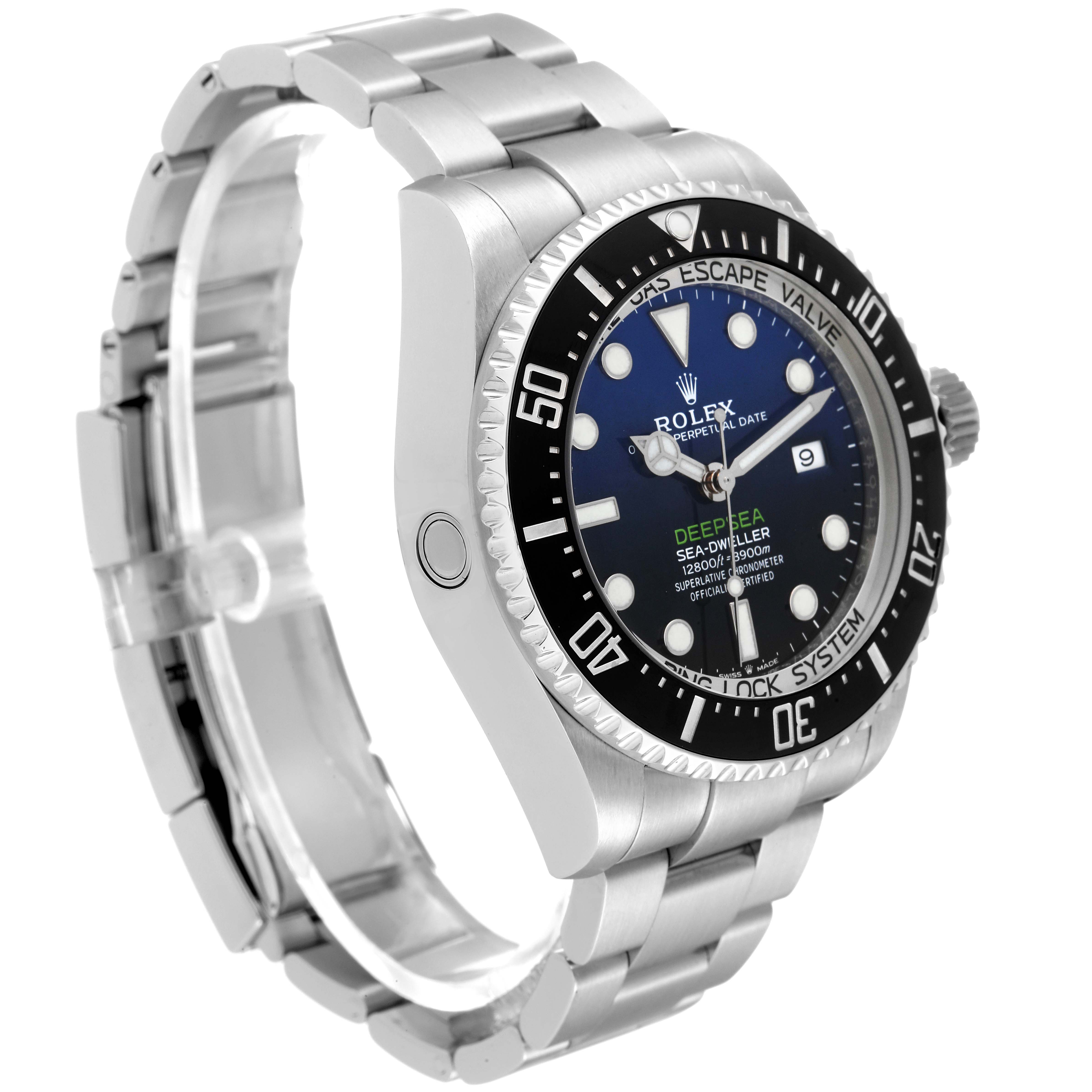 The Rolex Sea-Dweller model 126660 is shown at a three-quarter angle, highlighting the face, bezel, crown, and bracelet.