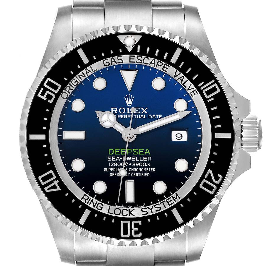The image shows a front view of the Rolex Sea-Dweller model 126660 watch, displaying its dial, bezel, crown, and part of the bracelet.