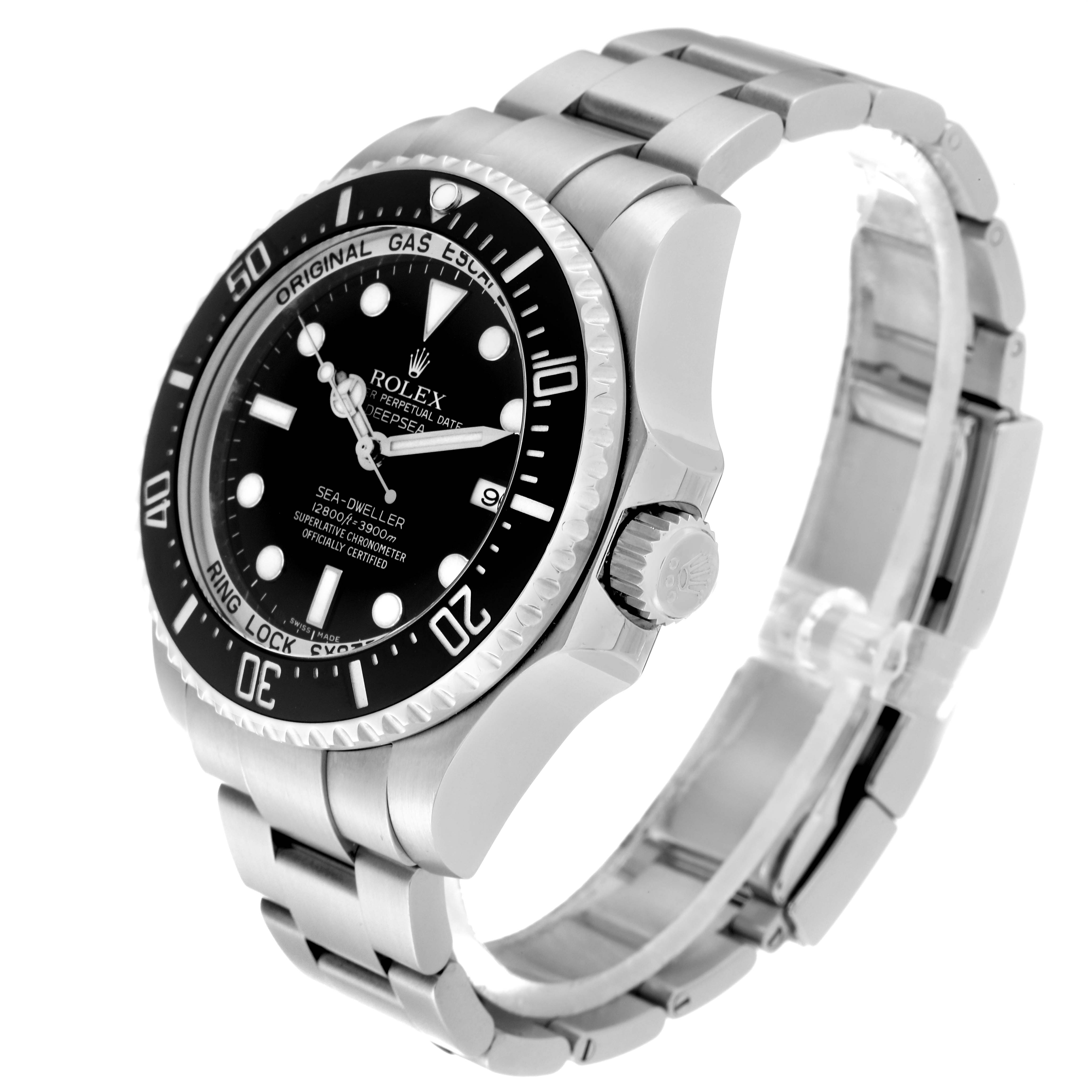 The image shows a Rolex Sea-Dweller 116660 Men
s Stainless Steel Black Dial 116660 Men
s Stainless Steel Black Dial watch at a 3/4 angle, highlighting the dial, bezel, crown, and stainless steel bracelet.