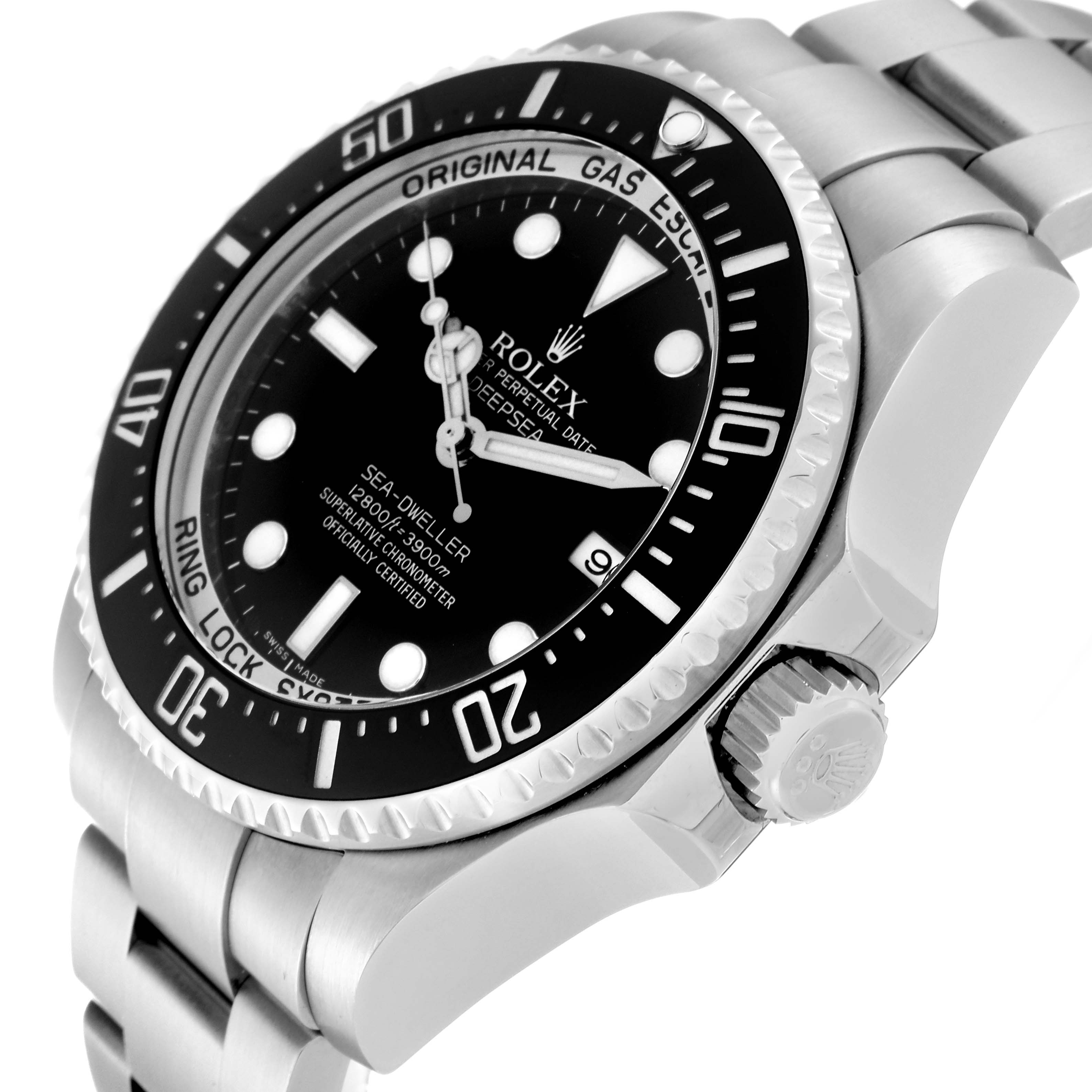 The image shows a close-up angle of the Rolex Sea-Dweller 116660 Men
s Stainless Steel Black Dial 116660 Men
s Stainless Steel Black Dial watch, displaying the dial, bezel, crown, and part of the bracelet.
