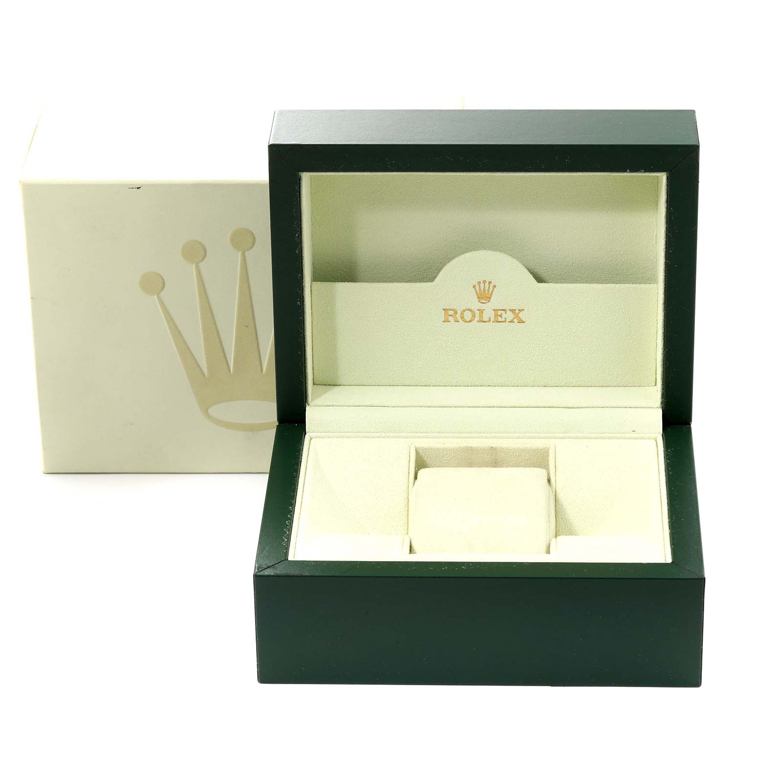 The image shows an open Rolex Sea-Dweller 116660 Men
s Stainless Steel Black Dial 116660 Men
s Stainless Steel Black Dial watch box with a green outer box and beige interior.