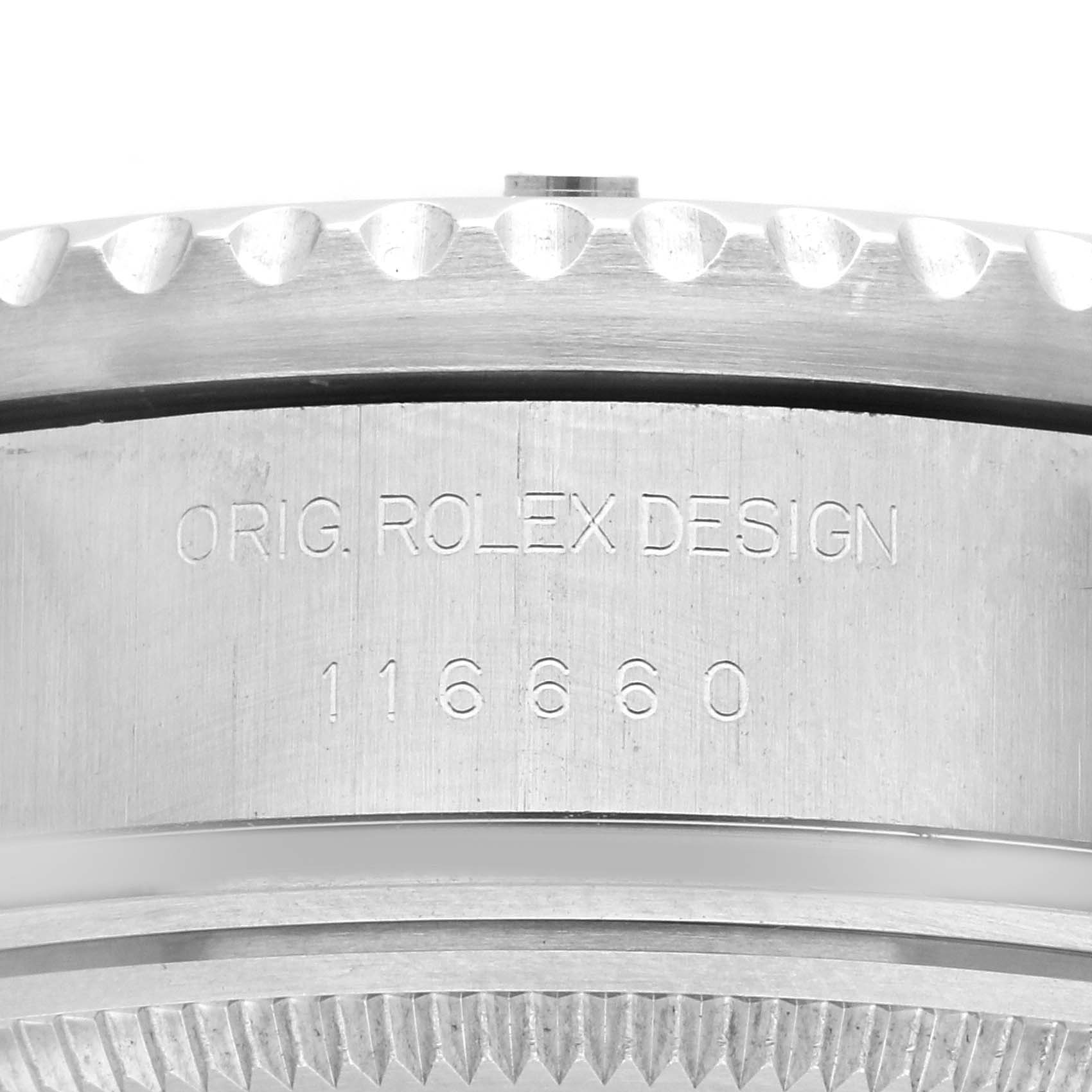 This image shows a close-up of the engraved side of the Rolex Sea-Dweller 116660 Men
s Stainless Steel Black Dial 116660 Men
s Stainless Steel Black Dial watch case with the model number 116660.