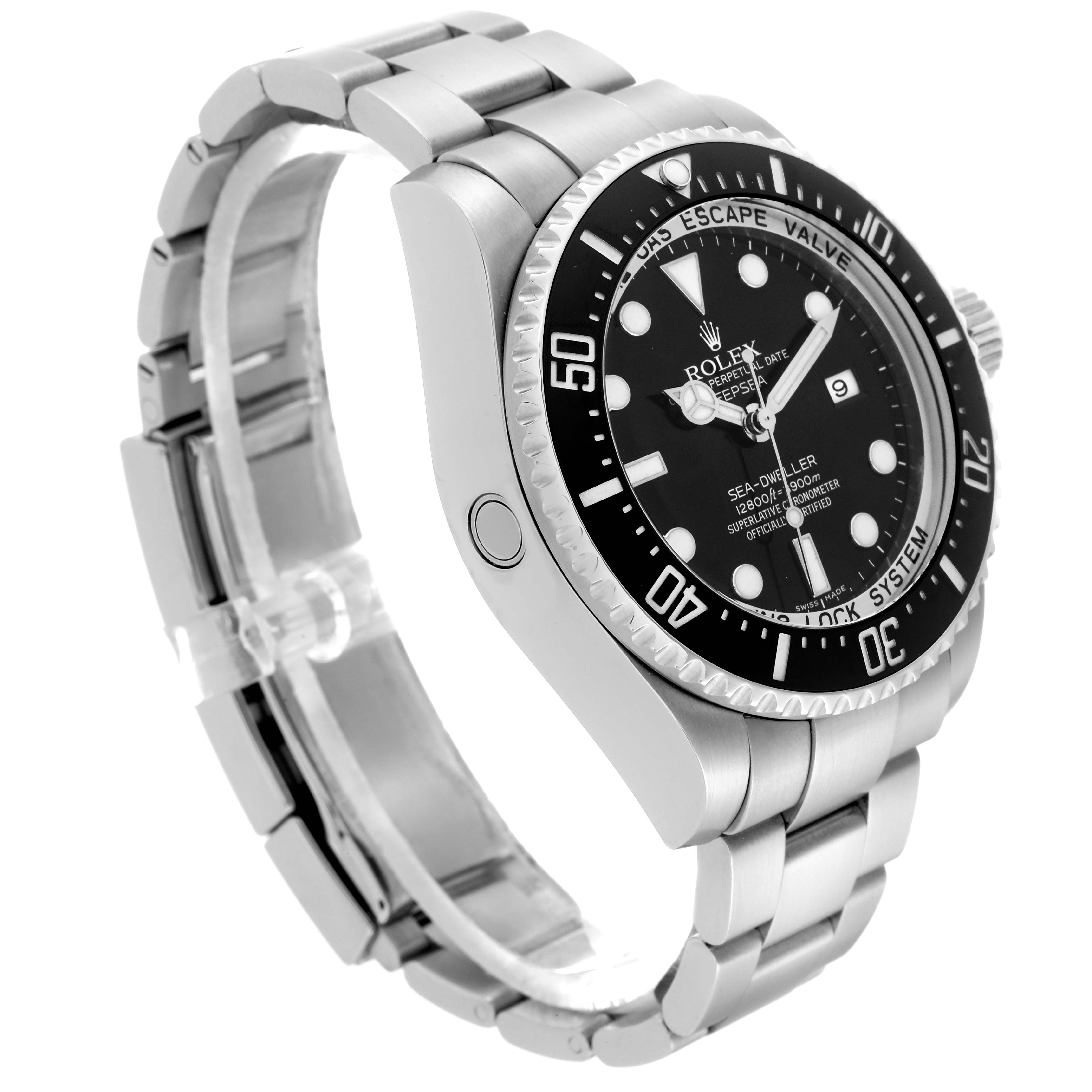 The image shows a side view angle of the Rolex Sea-Dweller 116660 Men
s Stainless Steel Black Dial 116660 Men
s Stainless Steel Black Dial watch, highlighting its black dial, bezel, and metal bracelet.