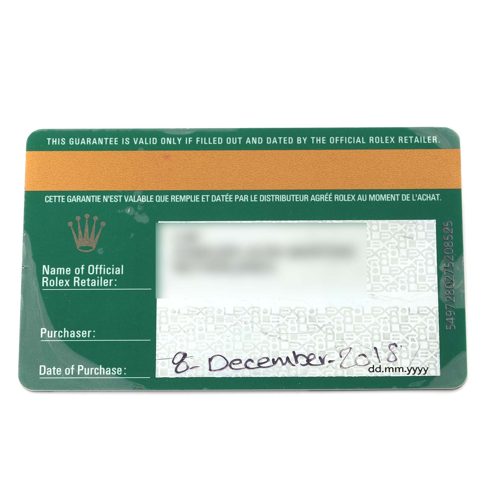 The image shows a warranty card for a Rolex Sky-Dweller, model number 326135, without the watch itself visible.