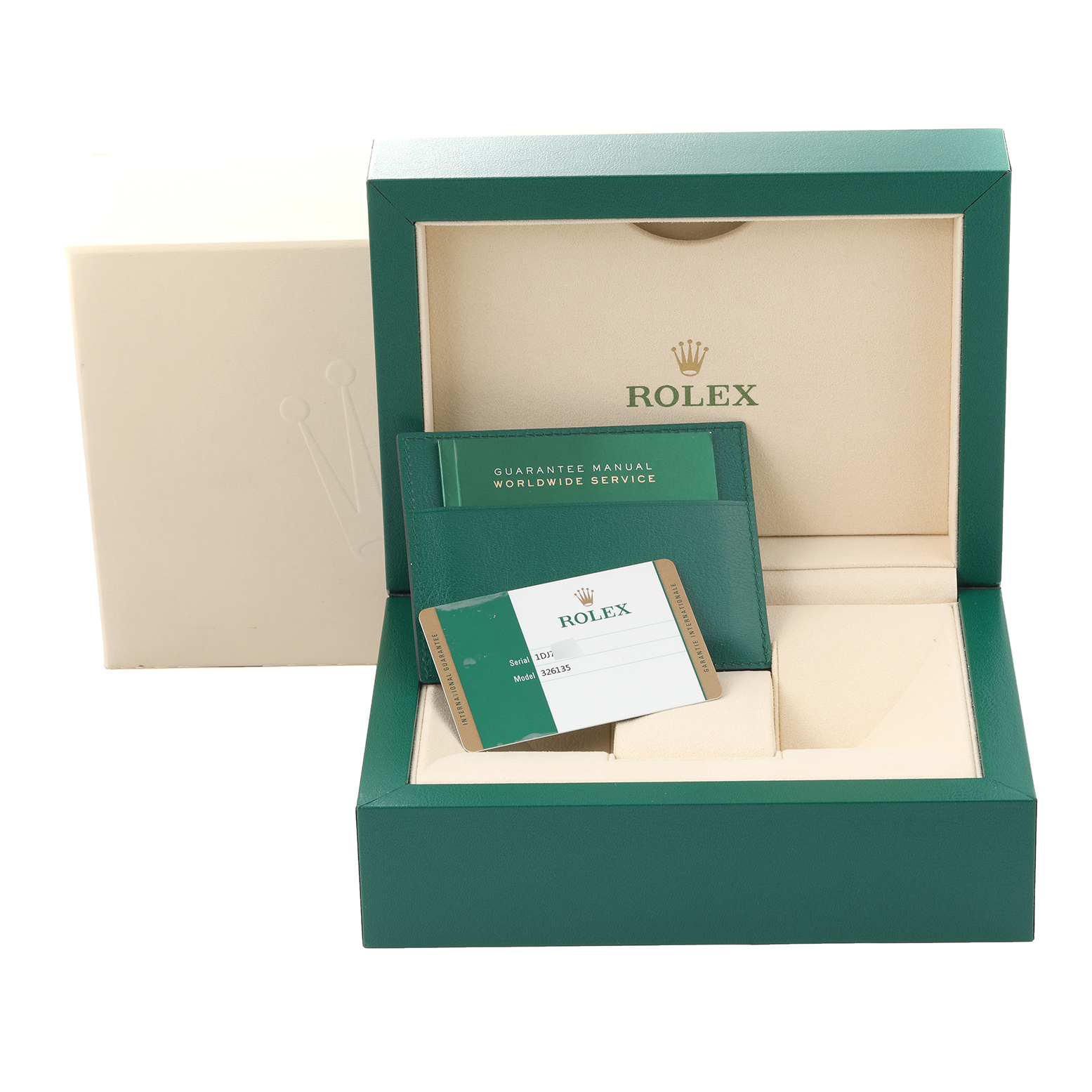The image shows a Rolex Sky-Dweller model 326135 watch box with a guarantee manual and warranty card prominently displayed.