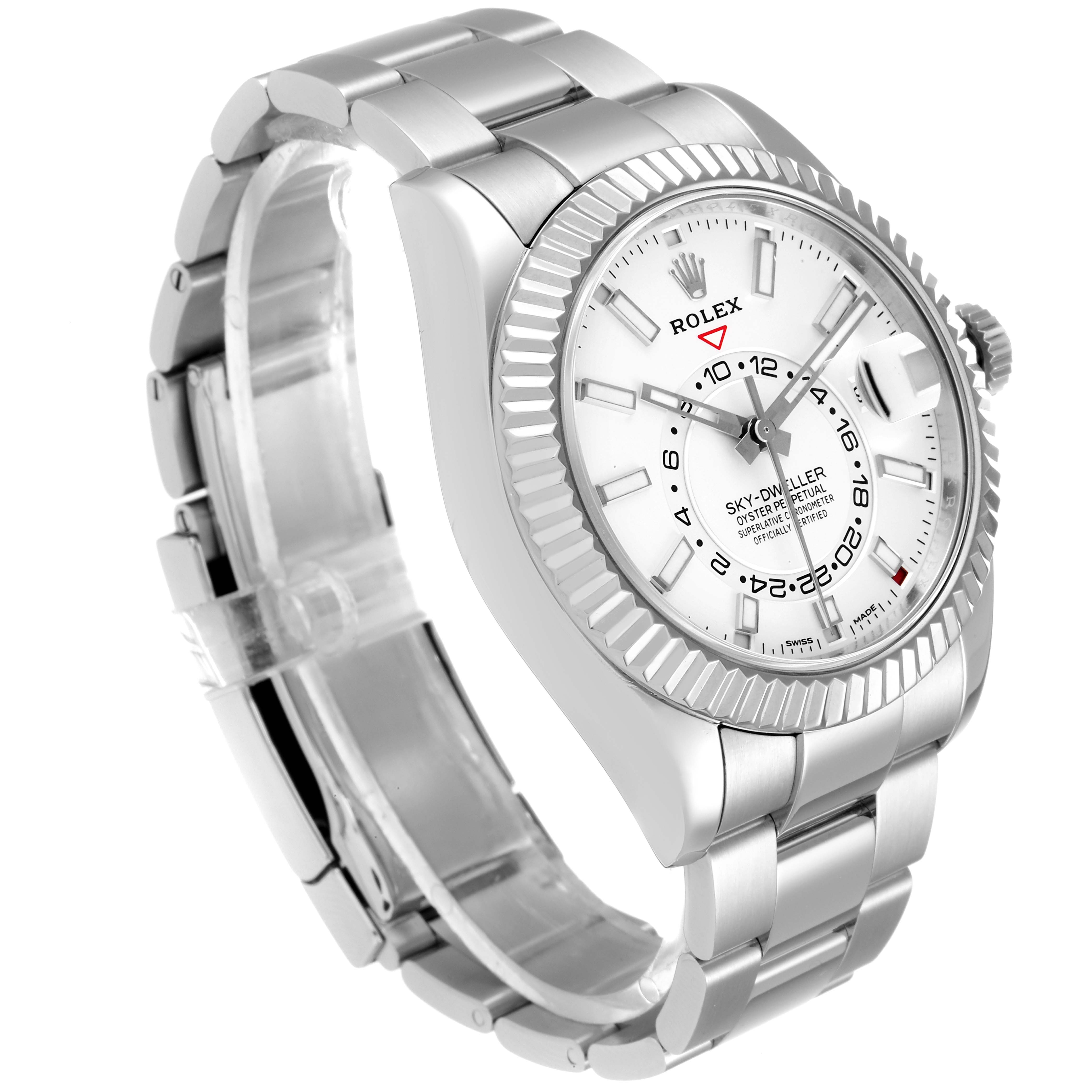 The Rolex Sky-Dweller 326934 Men's Stainless Steel White Dial 326934 Men's Stainless Steel White Dial watch is shown at an angle revealing the face, bezel, crown, and metal bracelet.