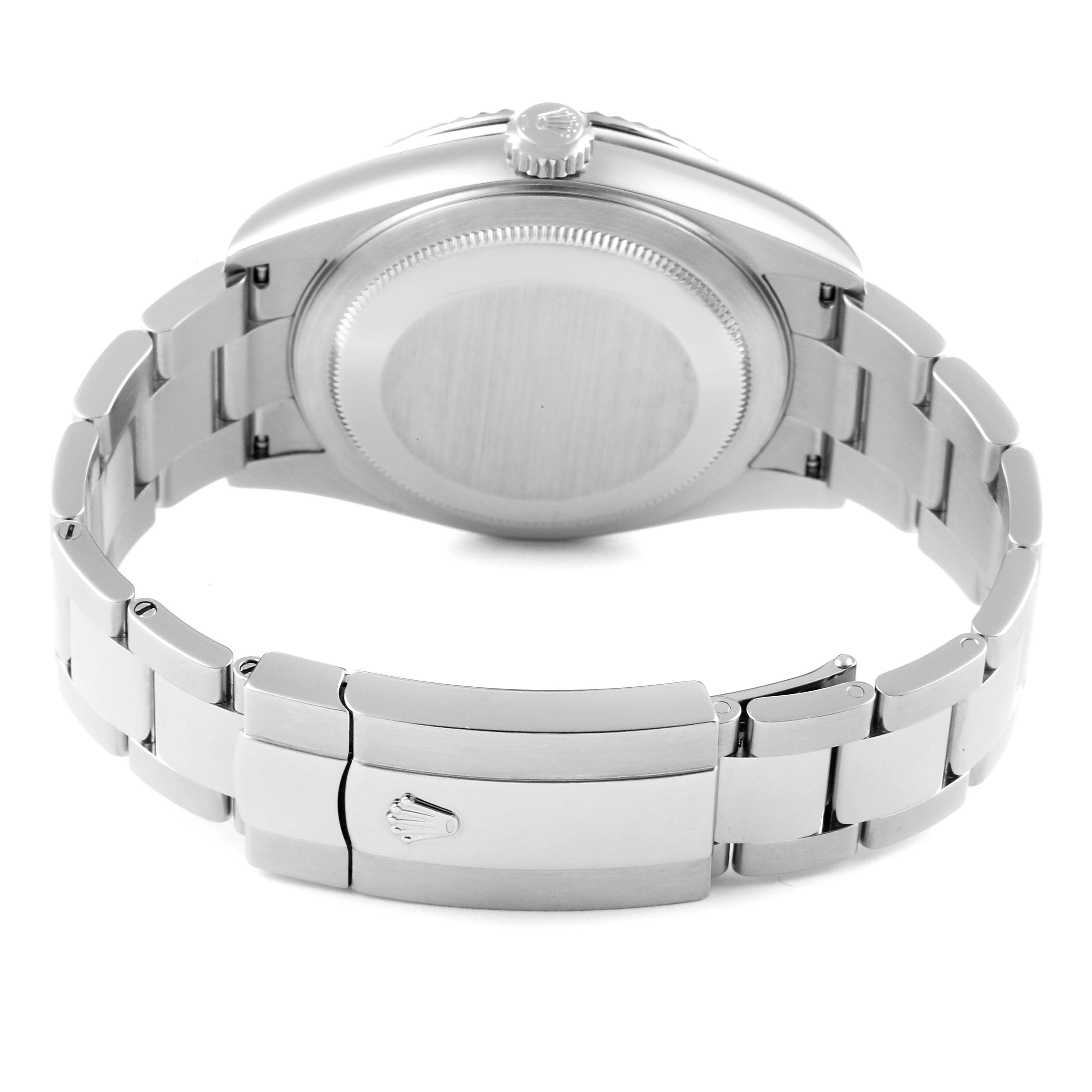 This image shows the back of the Rolex Sky-Dweller 326934 Men's Stainless Steel White Dial 326934 Men's Stainless Steel White Dial watch, focusing on the case and metal bracelet clasp.