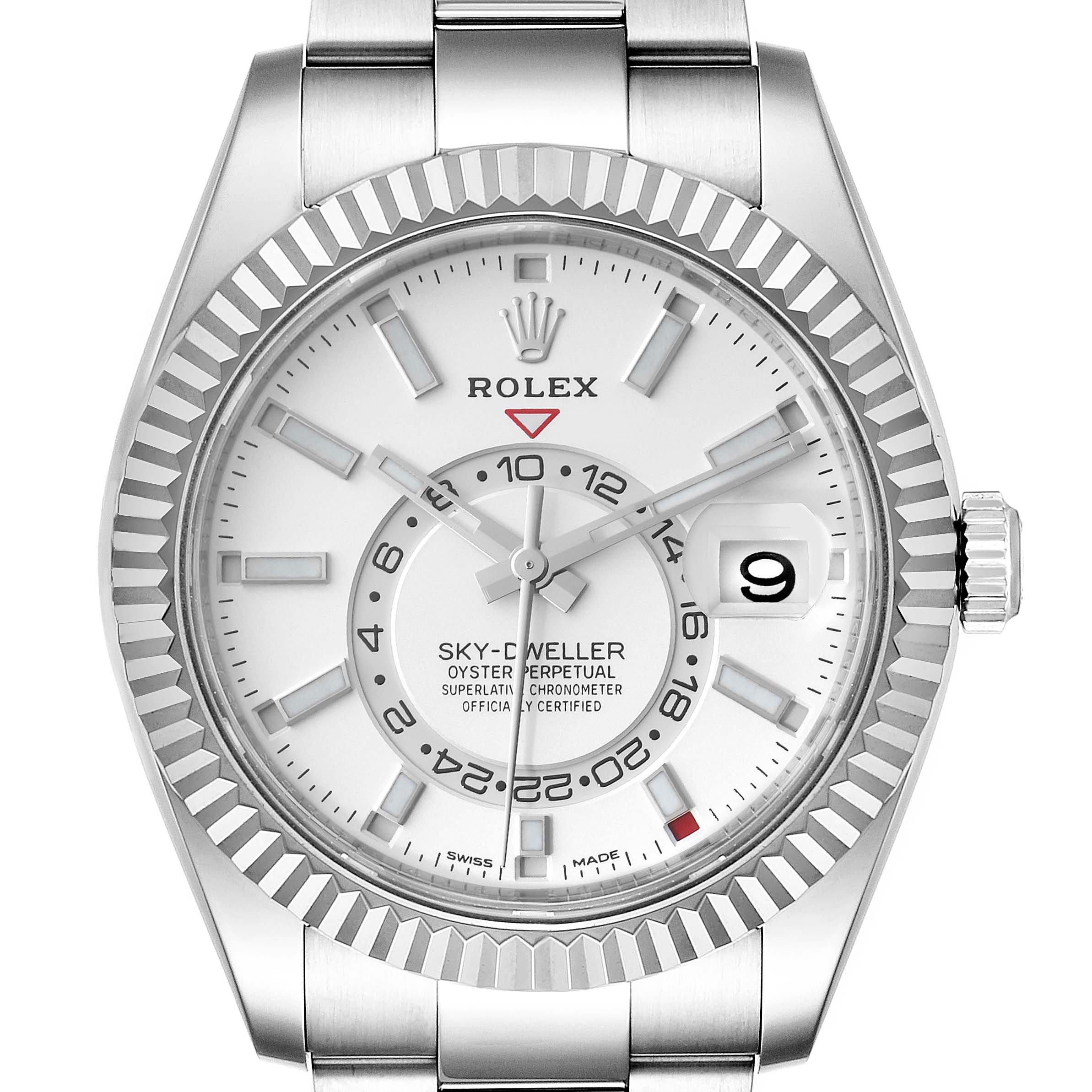 This image shows a front view of a Rolex Sky-Dweller 326934 Men's Stainless Steel White Dial 326934 Men's Stainless Steel White Dial watch, highlighting the dial, hands, date window, and bezel.