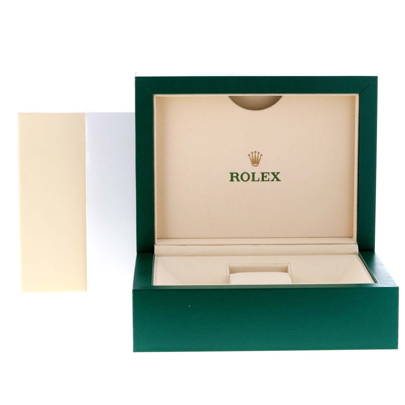 The image shows an open green Rolex watch box for the Sky-Dweller model, displaying the interior lining.