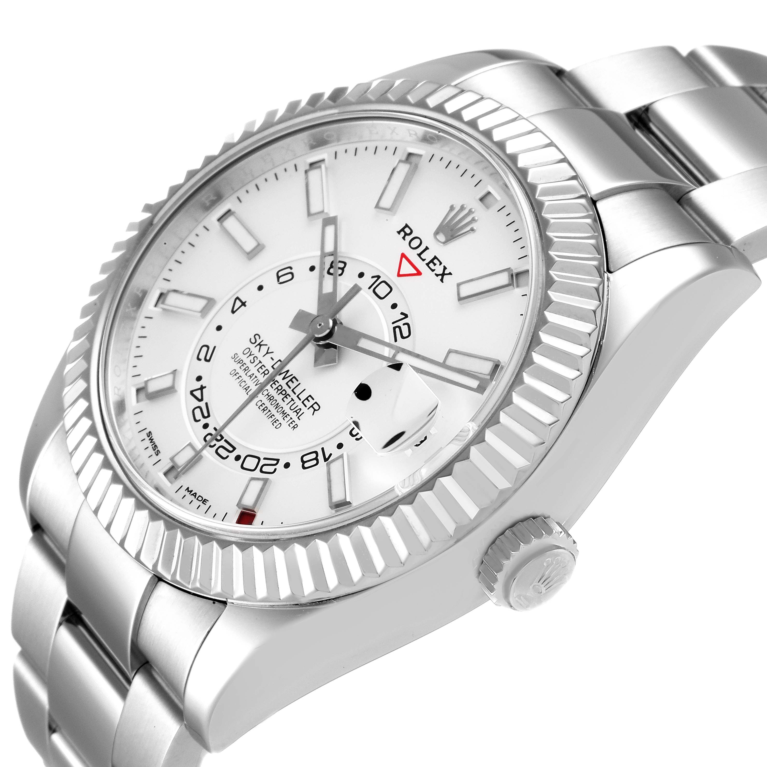This image shows a close-up angle of the Rolex Sky-Dweller 326934 Men's Stainless Steel White Dial 326934 Men's Stainless Steel White Dial watch, highlighting the dial, bezel, crown, and part of the bracelet.