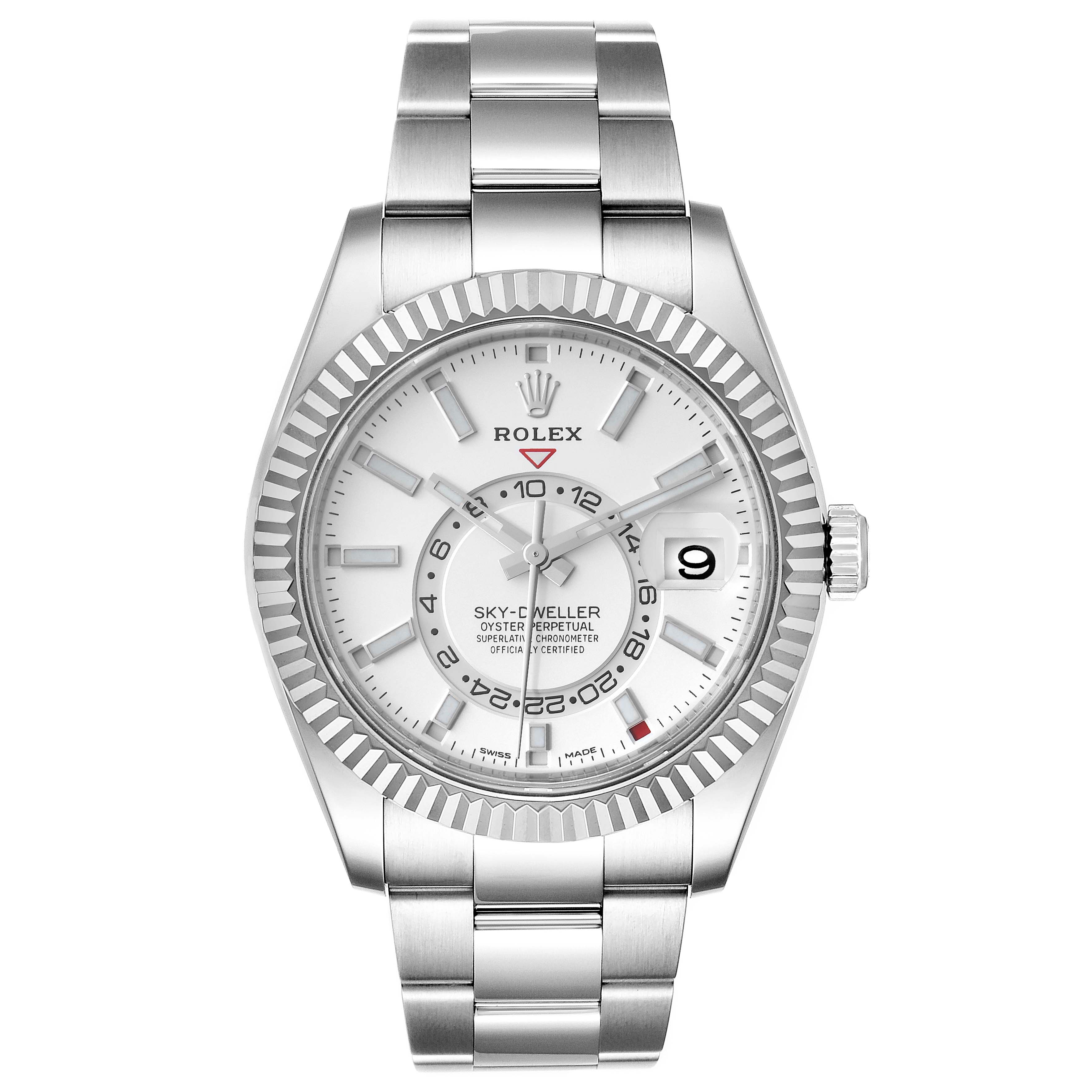 This Rolex Sky-Dweller 326934 Men's Stainless Steel White Dial 326934 Men's Stainless Steel White Dial watch is shown from a front angle, displaying its face, bezel, and bracelet.