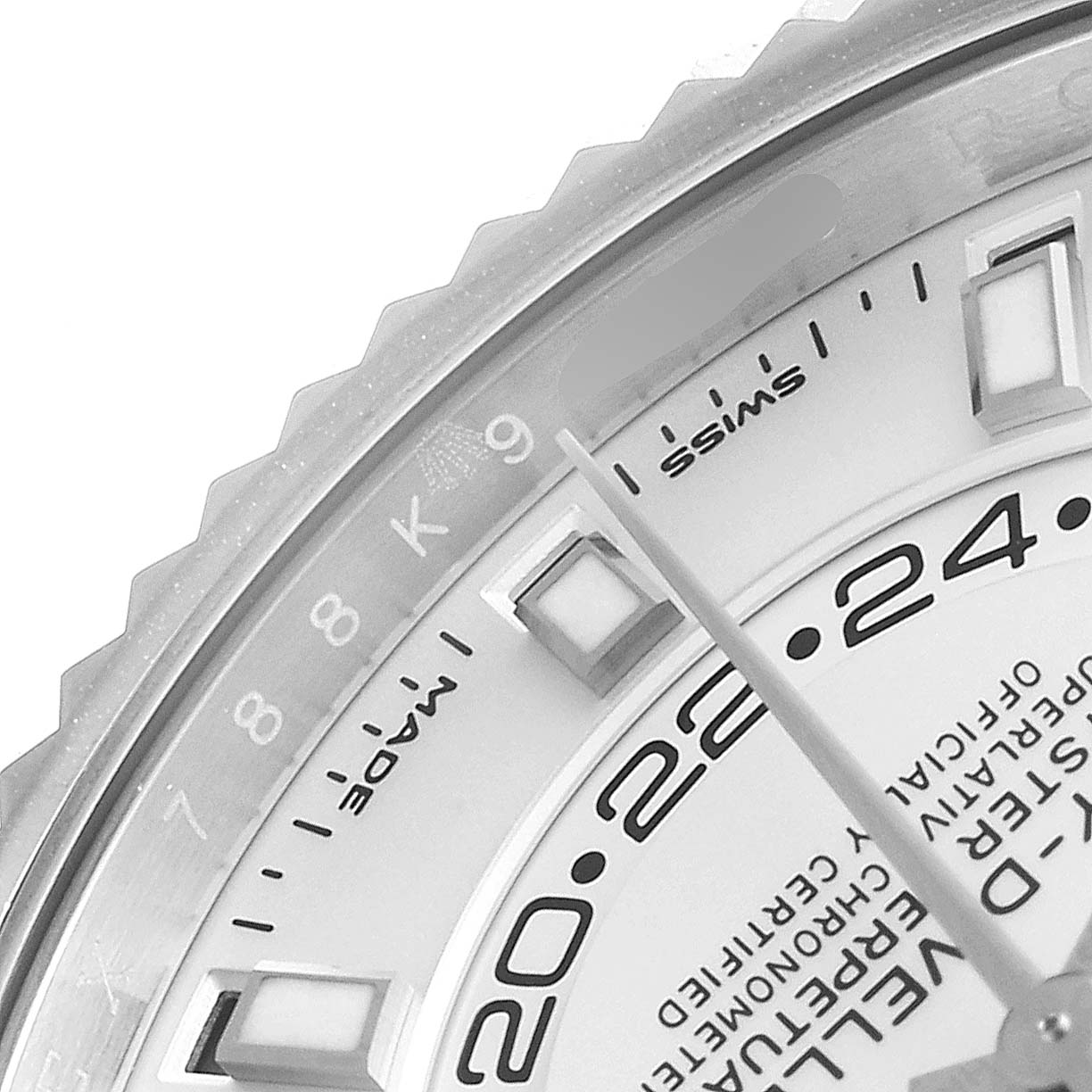 The image shows a close-up of the dial and bezel of a Rolex Sky-Dweller 326934 Men's Stainless Steel White Dial 326934 Men's Stainless Steel White Dial watch.