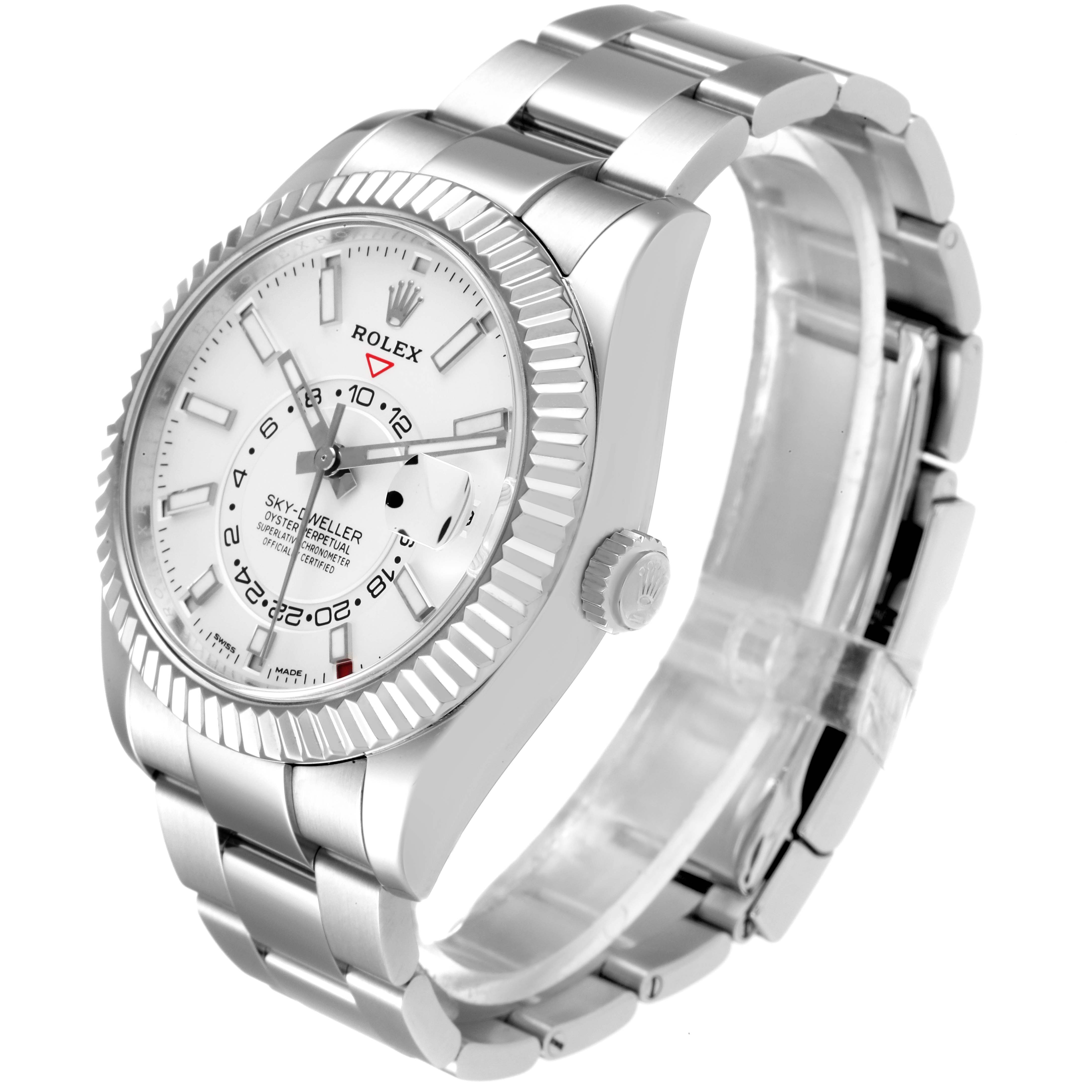 This image shows a Rolex Sky-Dweller 326934 Men's Stainless Steel White Dial 326934 Men's Stainless Steel White Dial watch at a slight angle, revealing its face, bezel, and part of the bracelet.