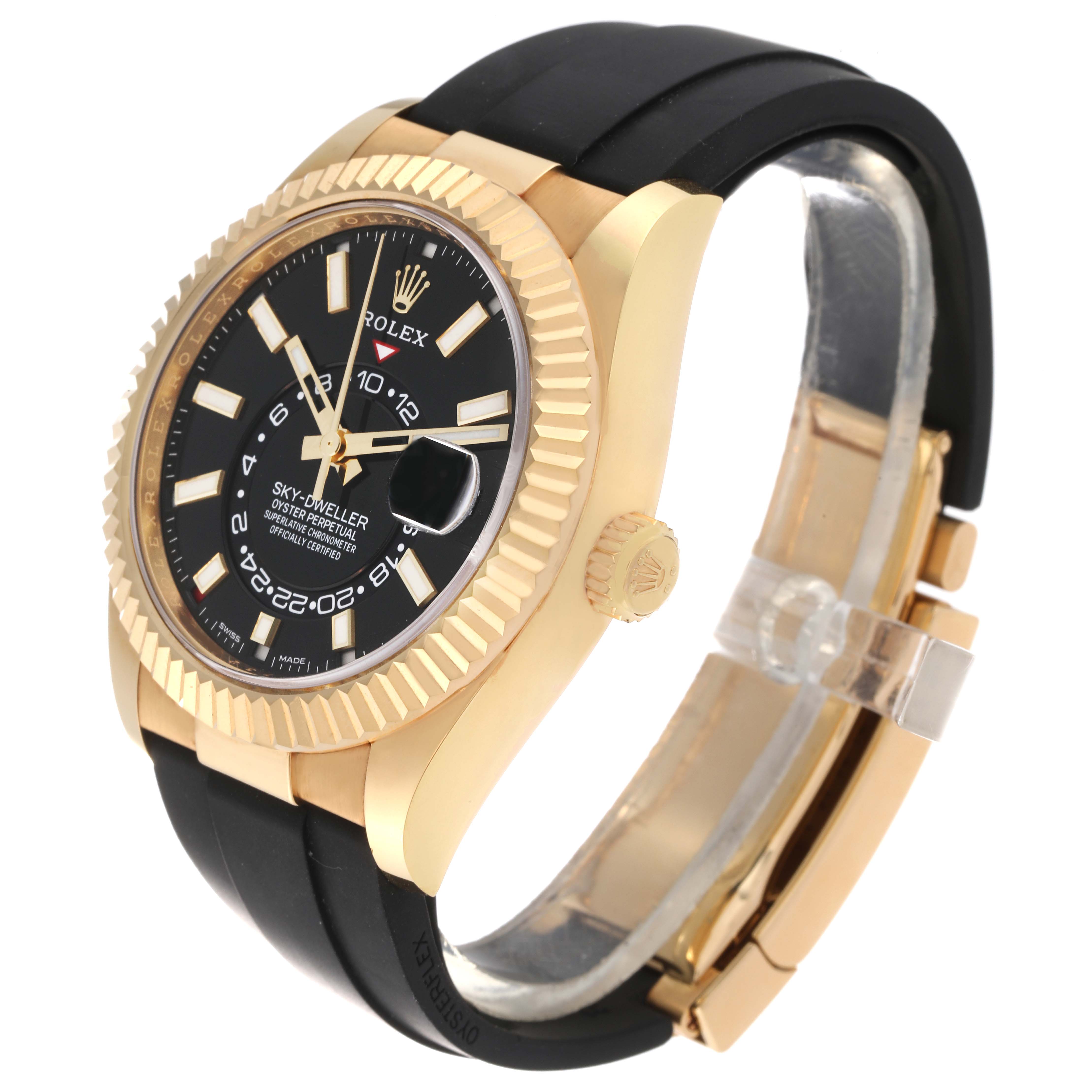 The Rolex Sky-Dweller 326238 Men's Yellow Gold Black Dial 326238 Men's Yellow Gold Black Dial watch is shown from an angled side view, highlighting the black dial, fluted bezel, crown, and black strap.
