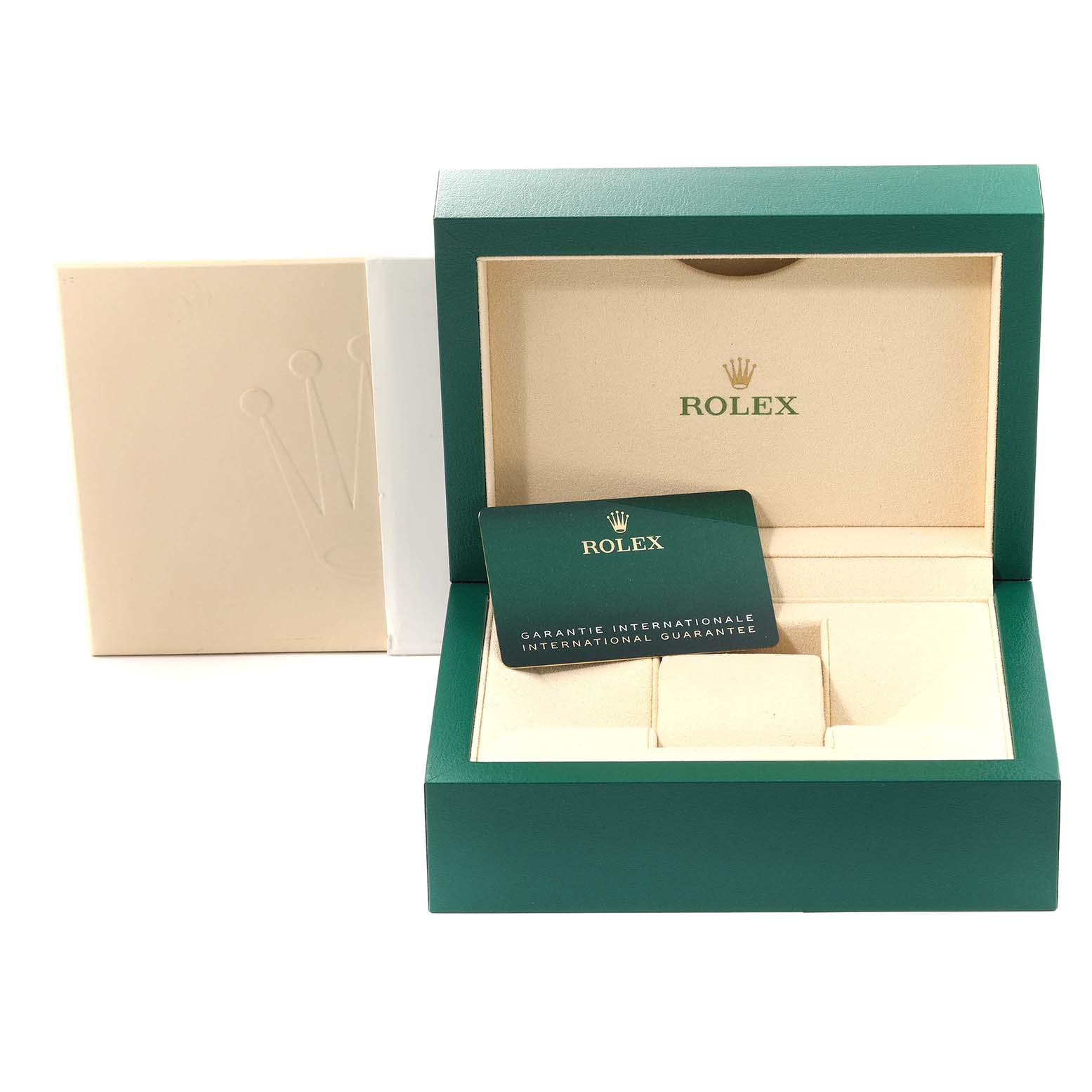 The image shows the open packaging of a Rolex Sky-Dweller 326238 Men's Yellow Gold Black Dial 326238 Men's Yellow Gold Black Dial, including the watch box, guarantee card, and outer box.