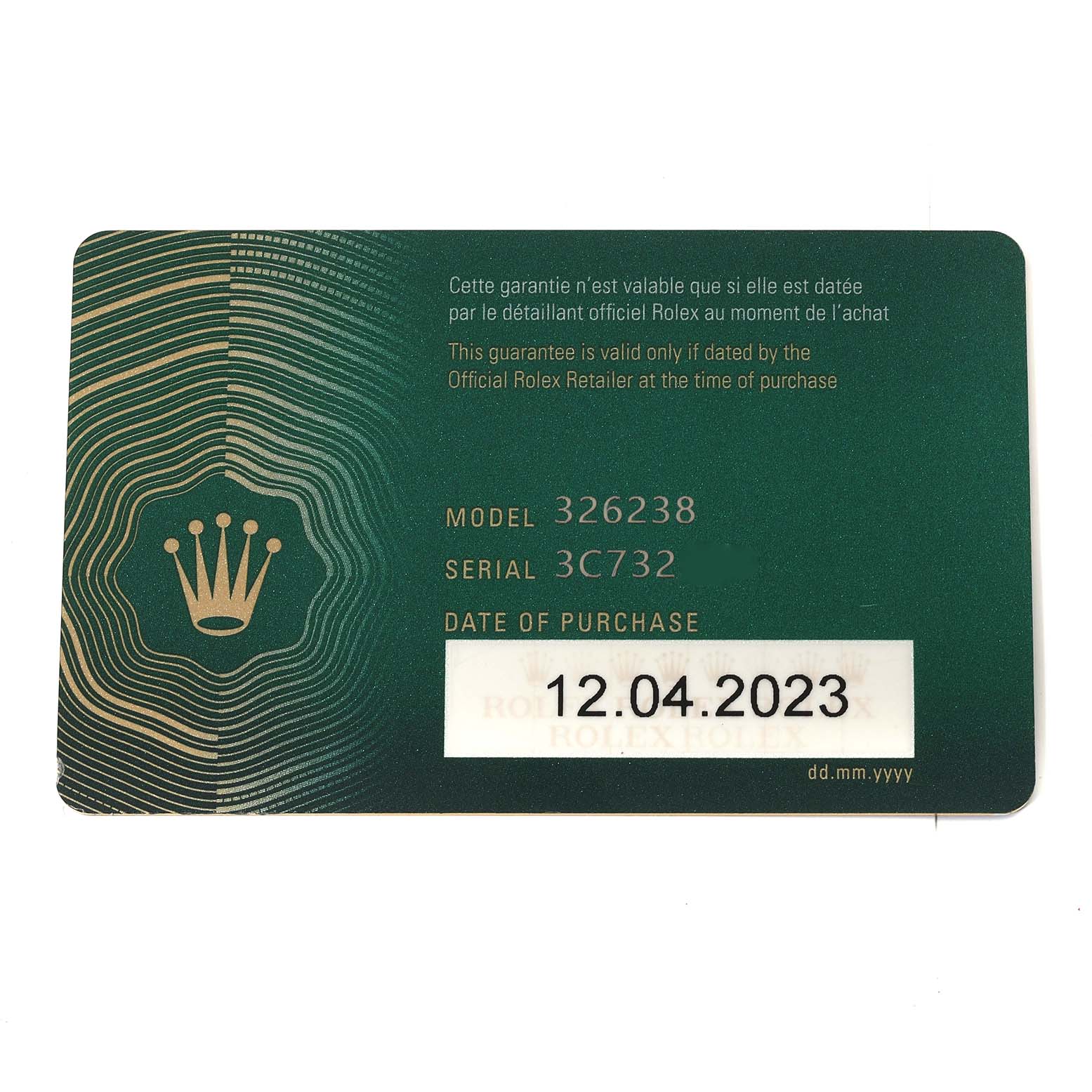 The image shows a warranty card for the Rolex Sky-Dweller 326238 Men's Yellow Gold Black Dial 326238 Men's Yellow Gold Black Dial model, featuring model and serial numbers, and the date of purchase.
