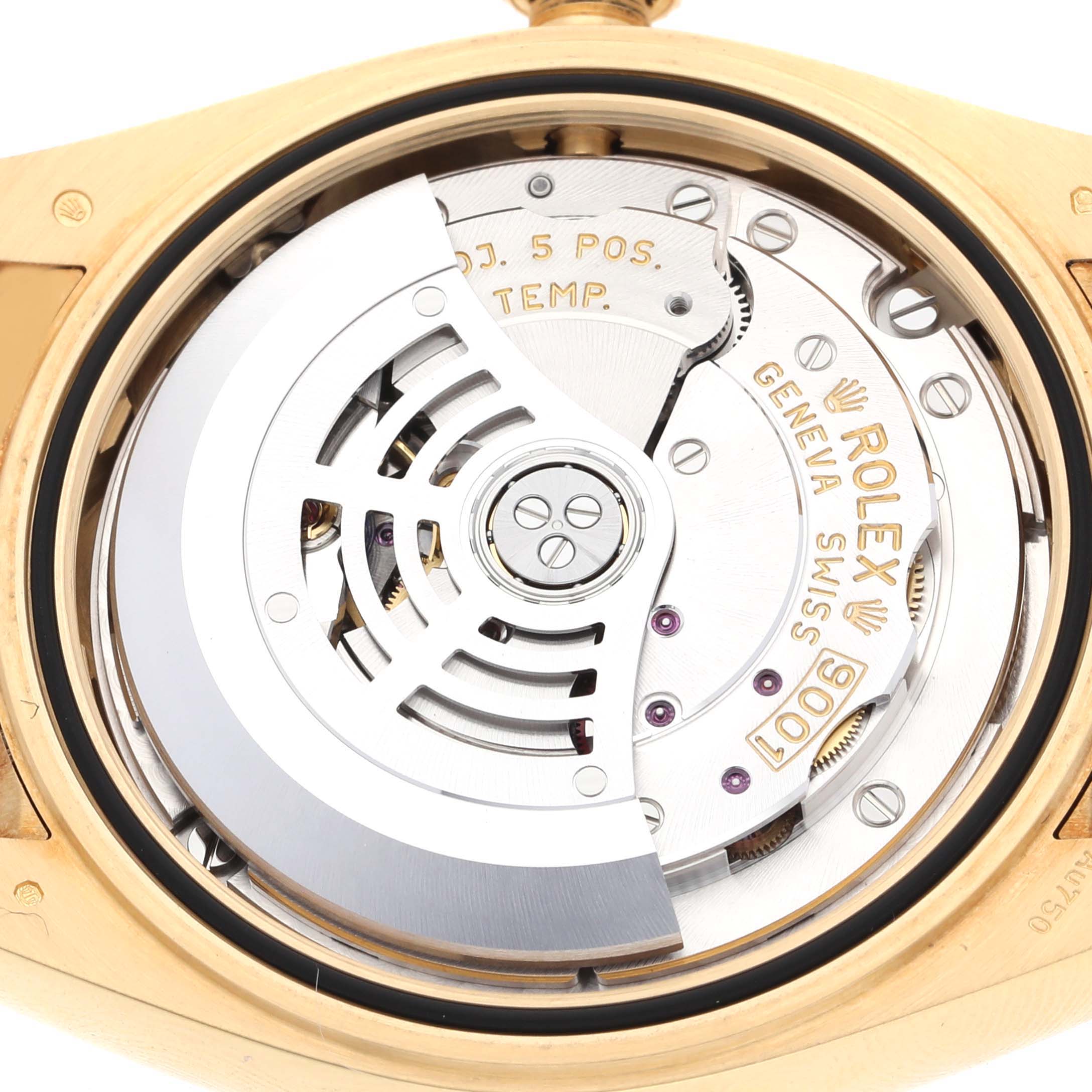 The image shows the back view of a Rolex Sky-Dweller 326238 Men's Yellow Gold Black Dial 326238 Men's Yellow Gold Black Dial watch, revealing its intricate automatic movement and rotor.