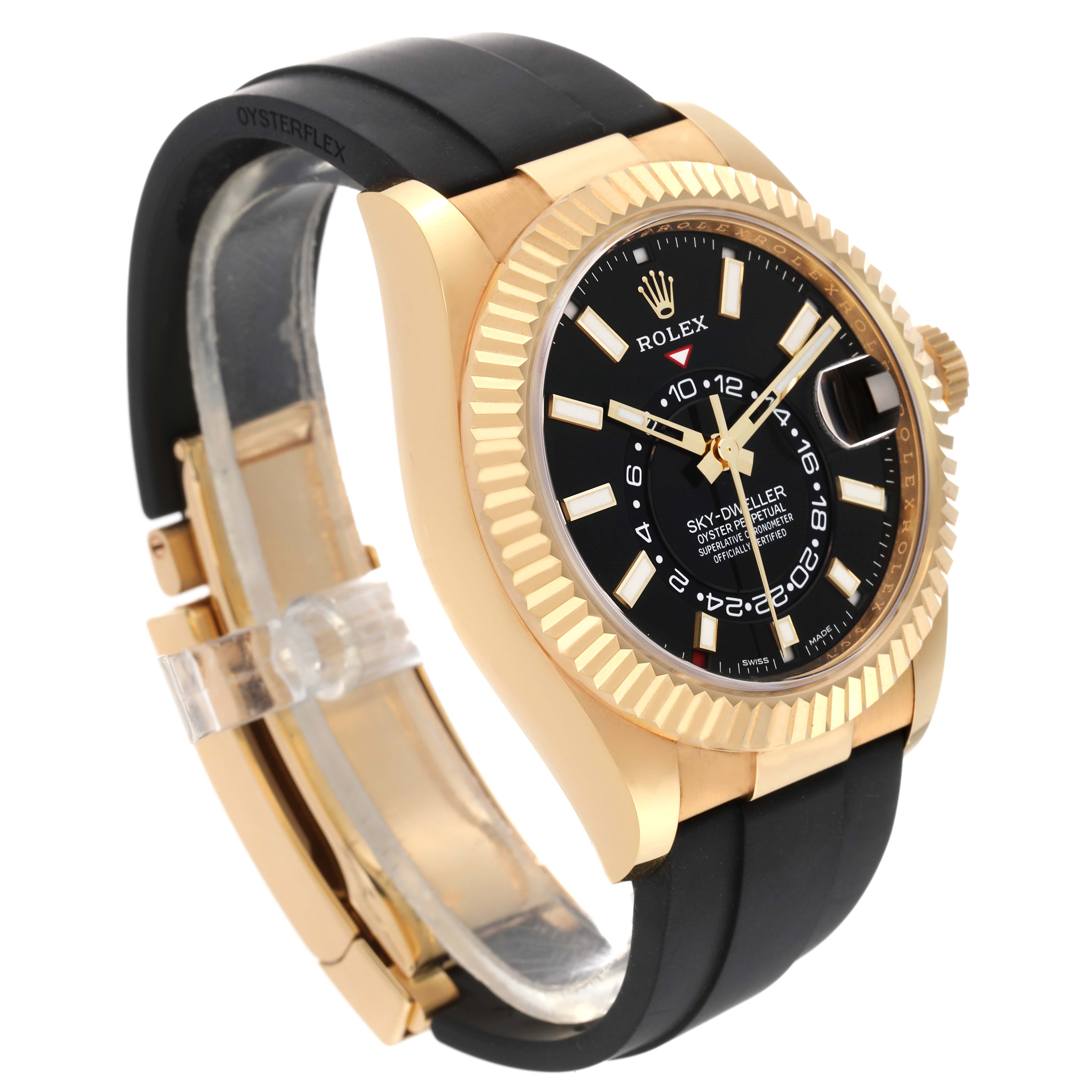 The Rolex Sky-Dweller 326238 Men's Yellow Gold Black Dial 326238 Men's Yellow Gold Black Dial watch is shown at a 3/4 angle, featuring a gold case, black dial, and black rubber strap with Oysterflex.