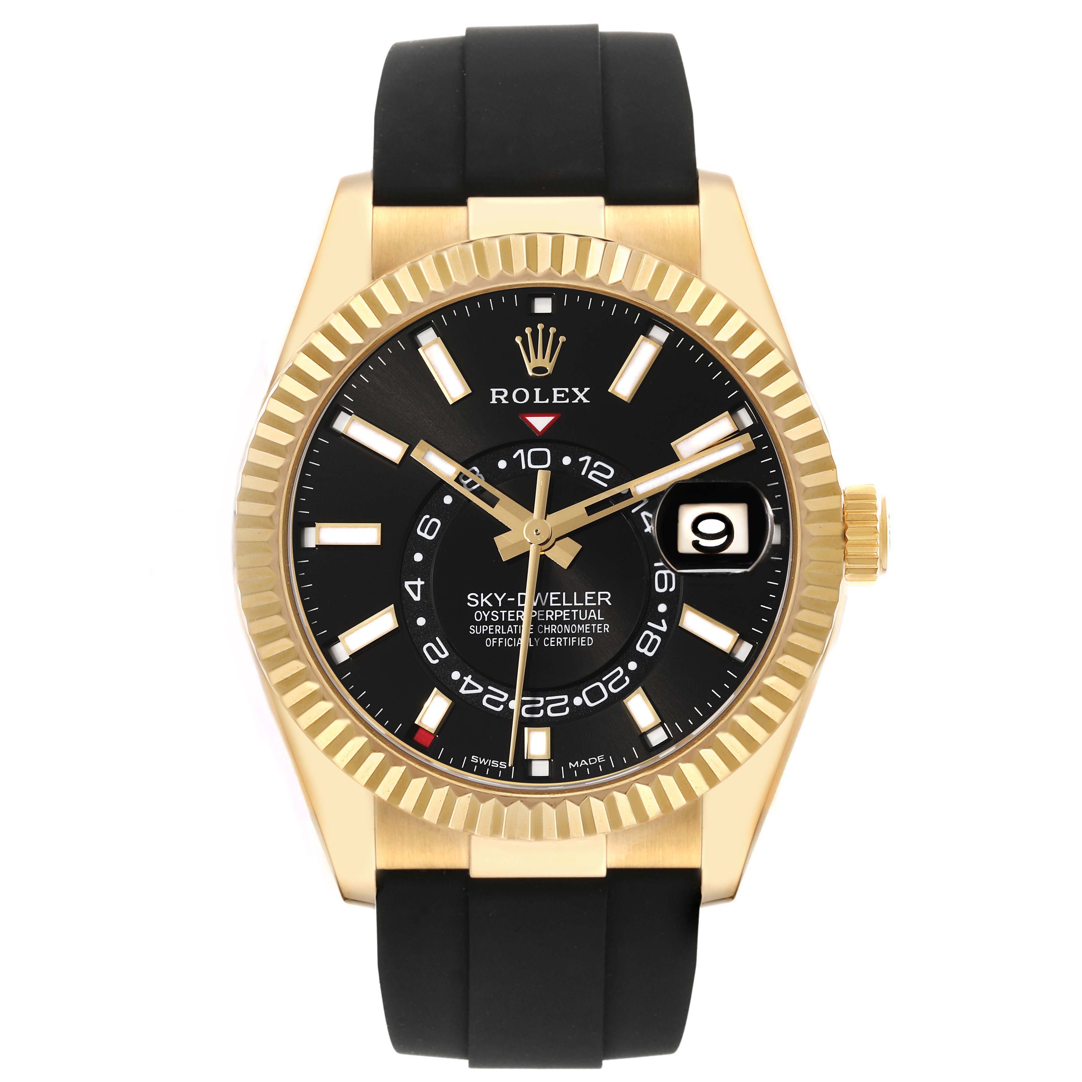 The image shows a front view of a Rolex Sky-Dweller 326238 Men's Yellow Gold Black Dial 326238 Men's Yellow Gold Black Dial with a black dial, gold case, and a black rubber strap.