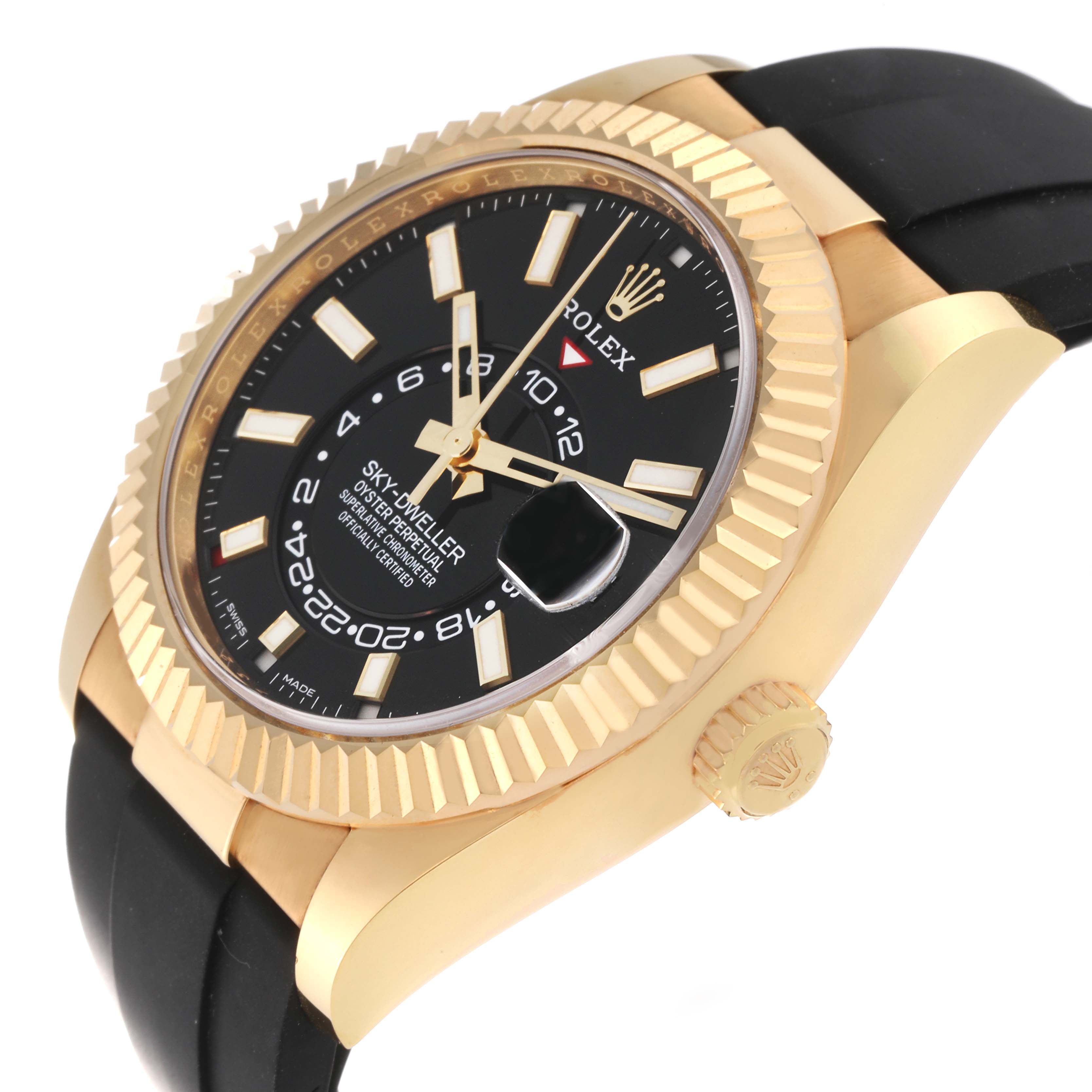 The image shows a side angle view of a Rolex Sky-Dweller 326238 Men's Yellow Gold Black Dial 326238 Men's Yellow Gold Black Dial watch, highlighting its black dial, fluted bezel, and black strap.