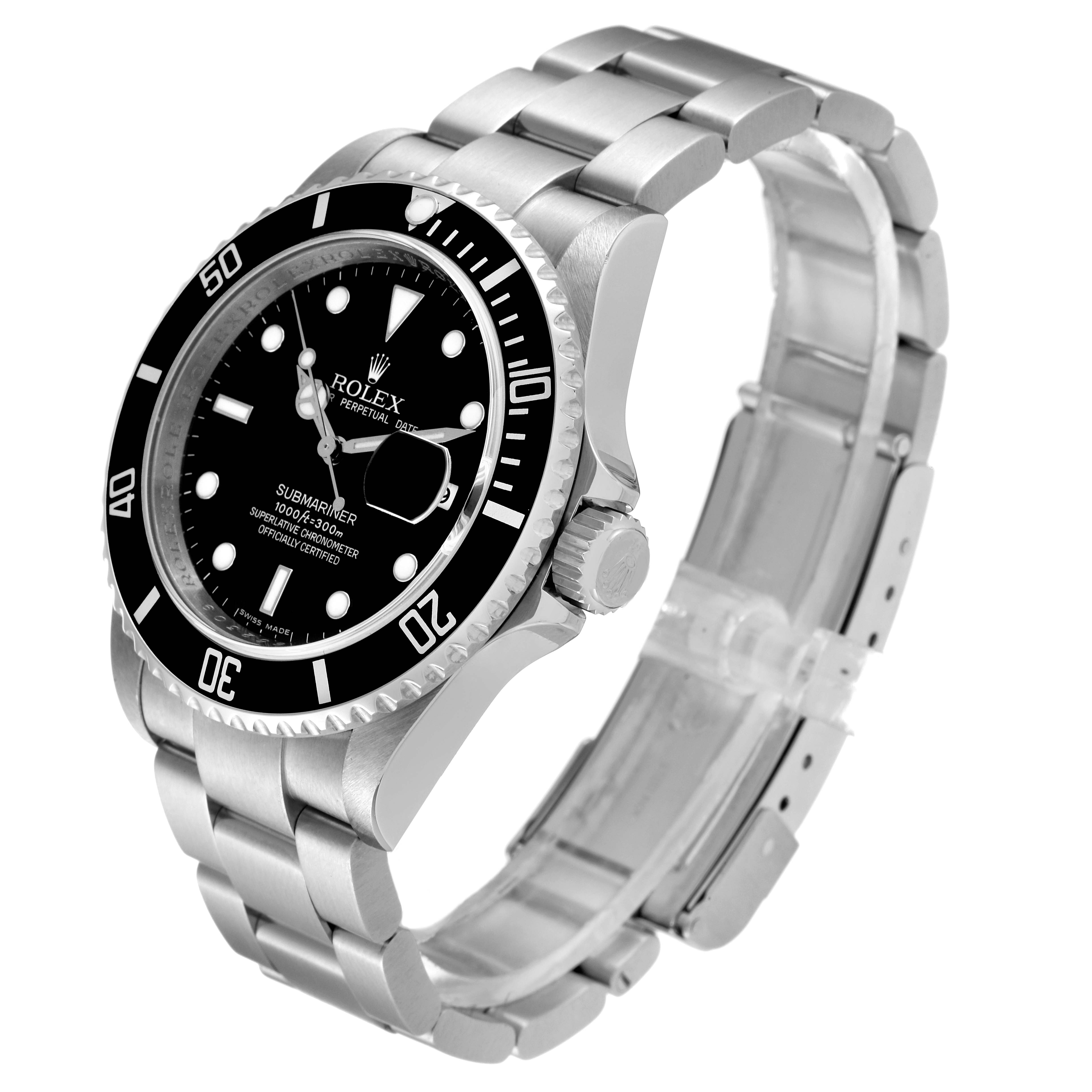 The image shows a side angle of a Rolex Submariner 16610 Men
s Stainless Steel Black Dial 16610 Men
s Stainless Steel Black Dial watch, highlighting the face, bezel, crown, and bracelet.